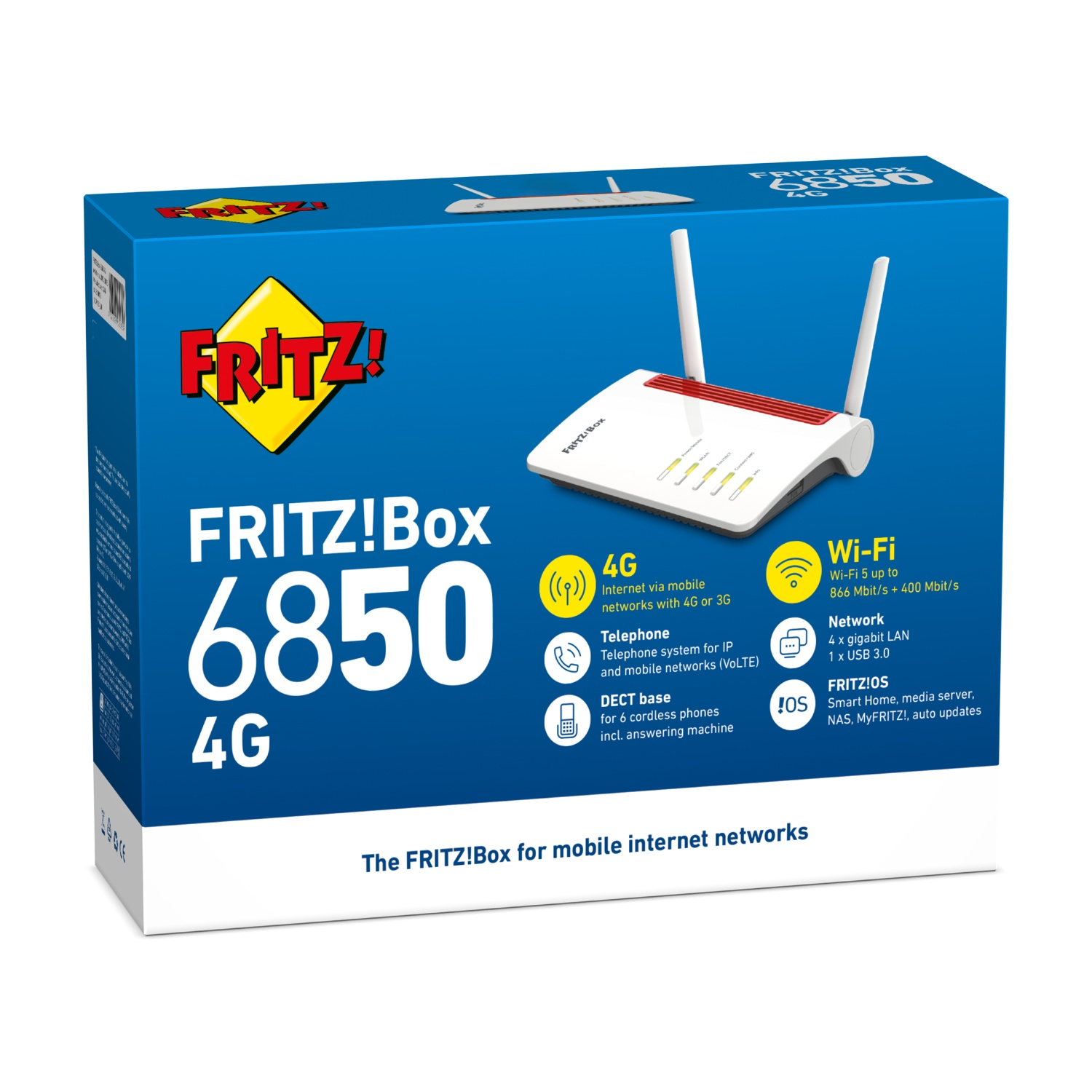 La FRITZ!Box 6850 4G su scatola blu con caratteristiche del prodotto.