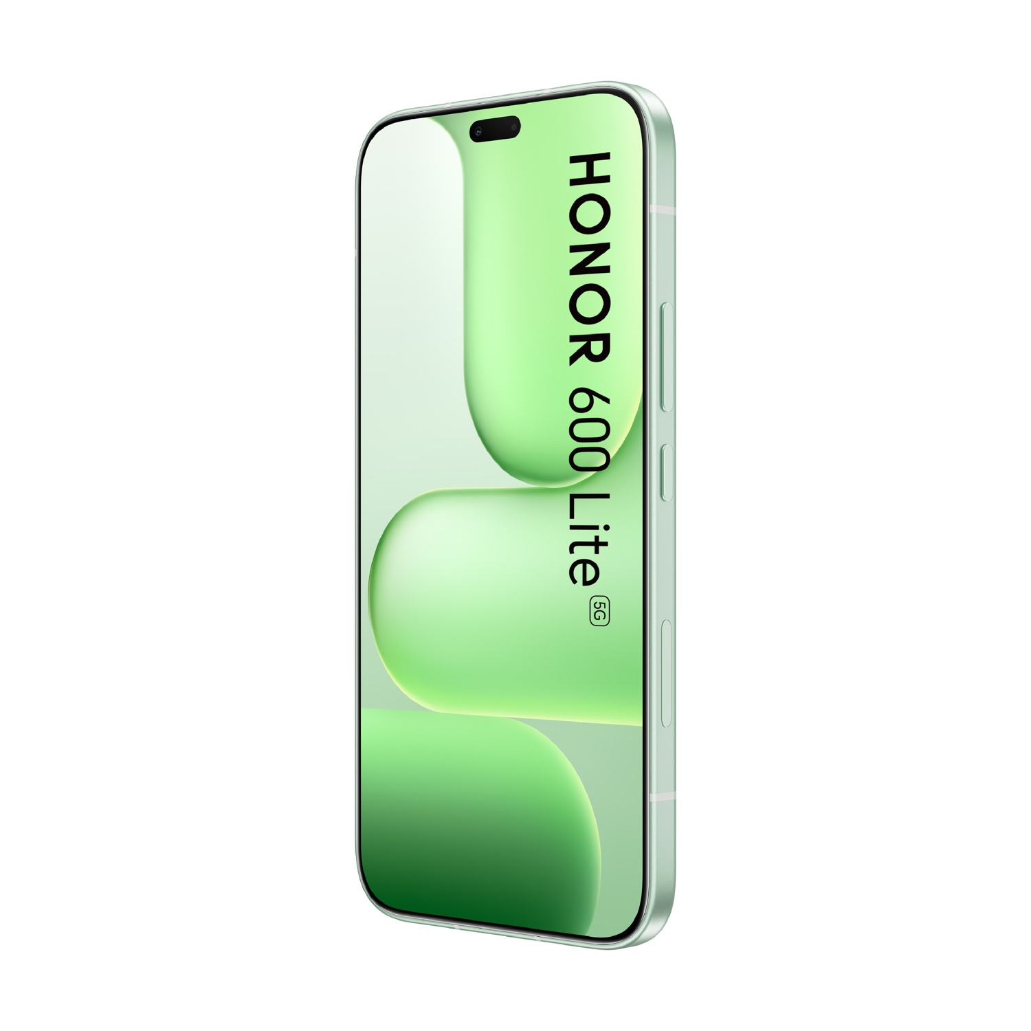 Uno smartphone Honor 60 Lite 5G verde chiaro con fotocamera a foro e testo verticale.