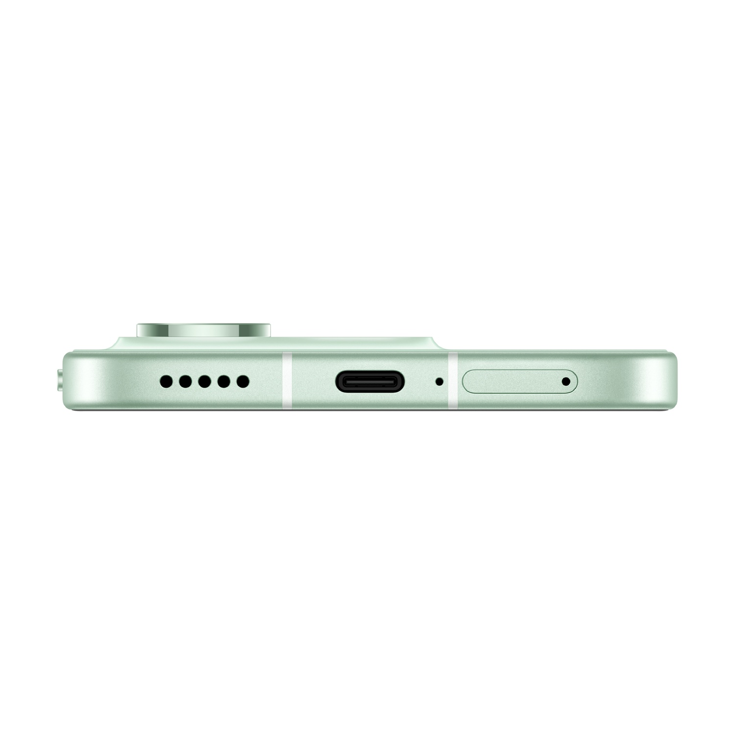 Smartphone verde con altoparlanti, porta USB-C e vassoio SIM.