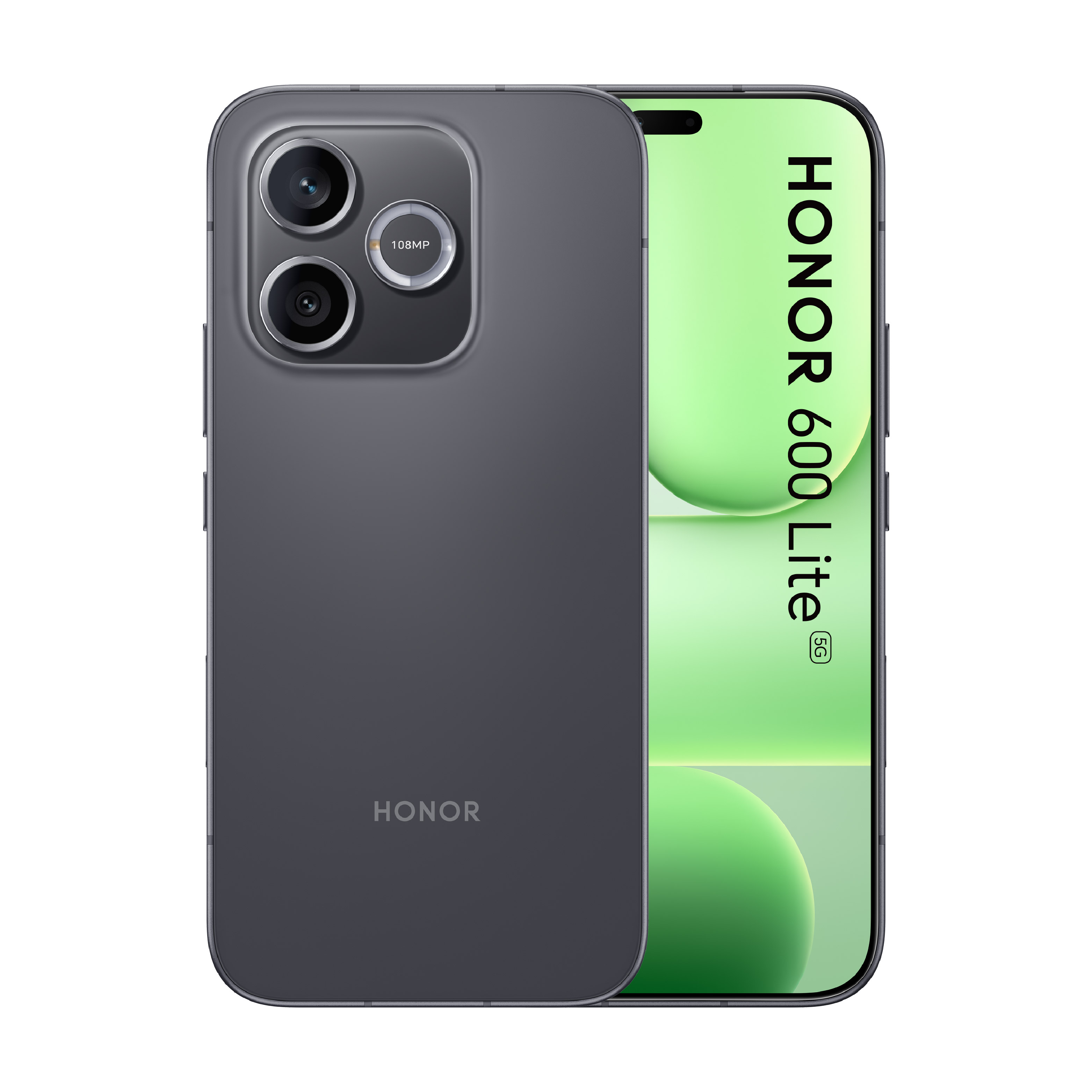Smartphone Honor 60 Lite grigio con fotocamera da 108MP e logo 5G su sfondo chiaro.