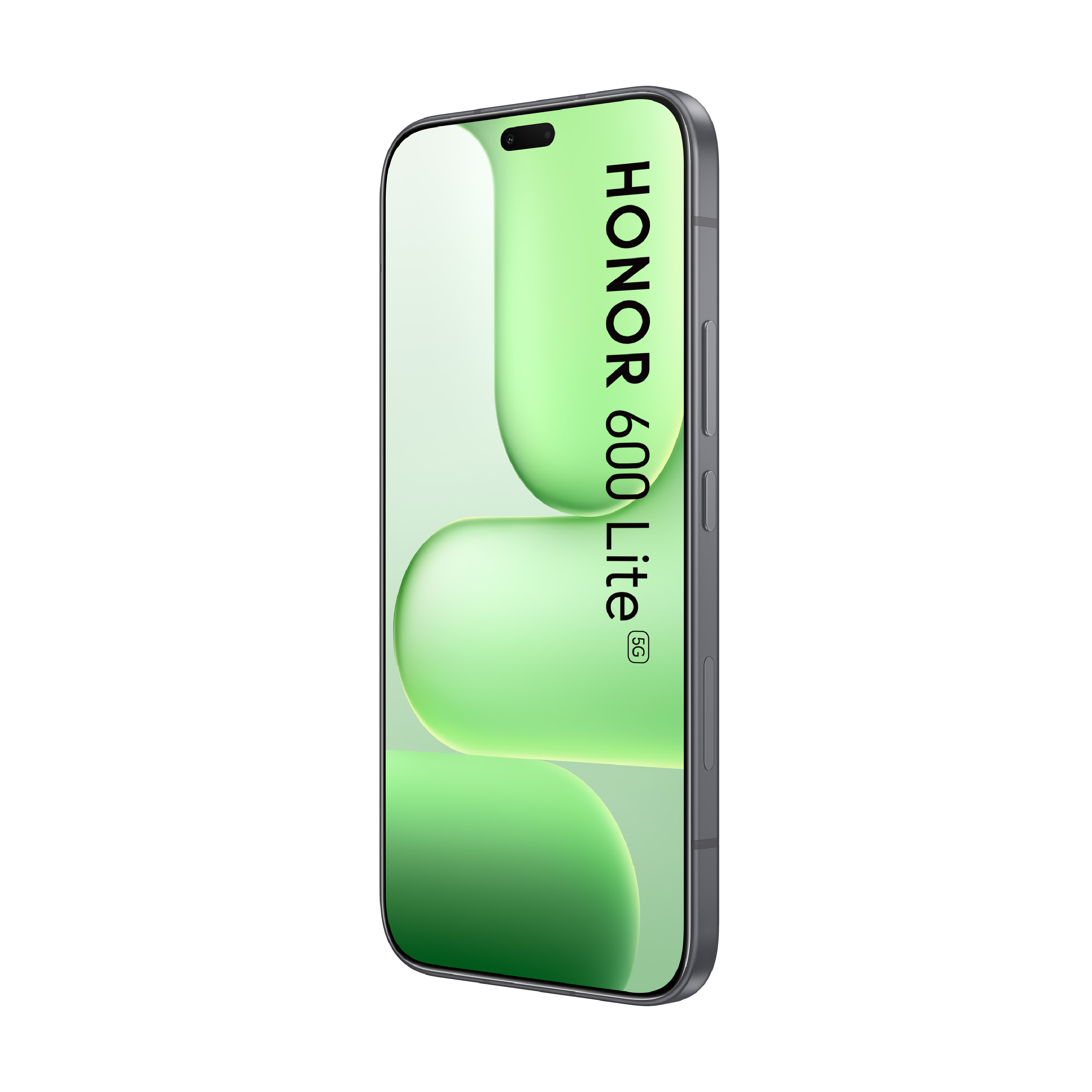 Uno smartphone grigio con testo HONOR 600 Lite 5G sullo schermo.