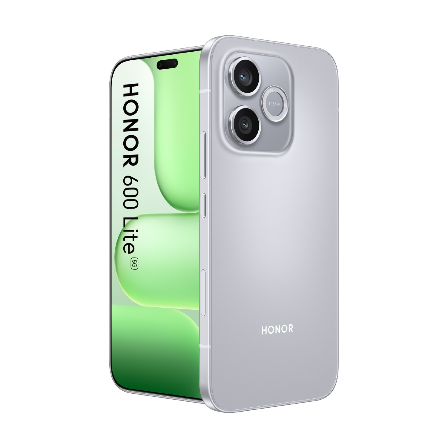Uno smartphone Honor 60 Lite 5G argentato con due fotocamere posteriori.