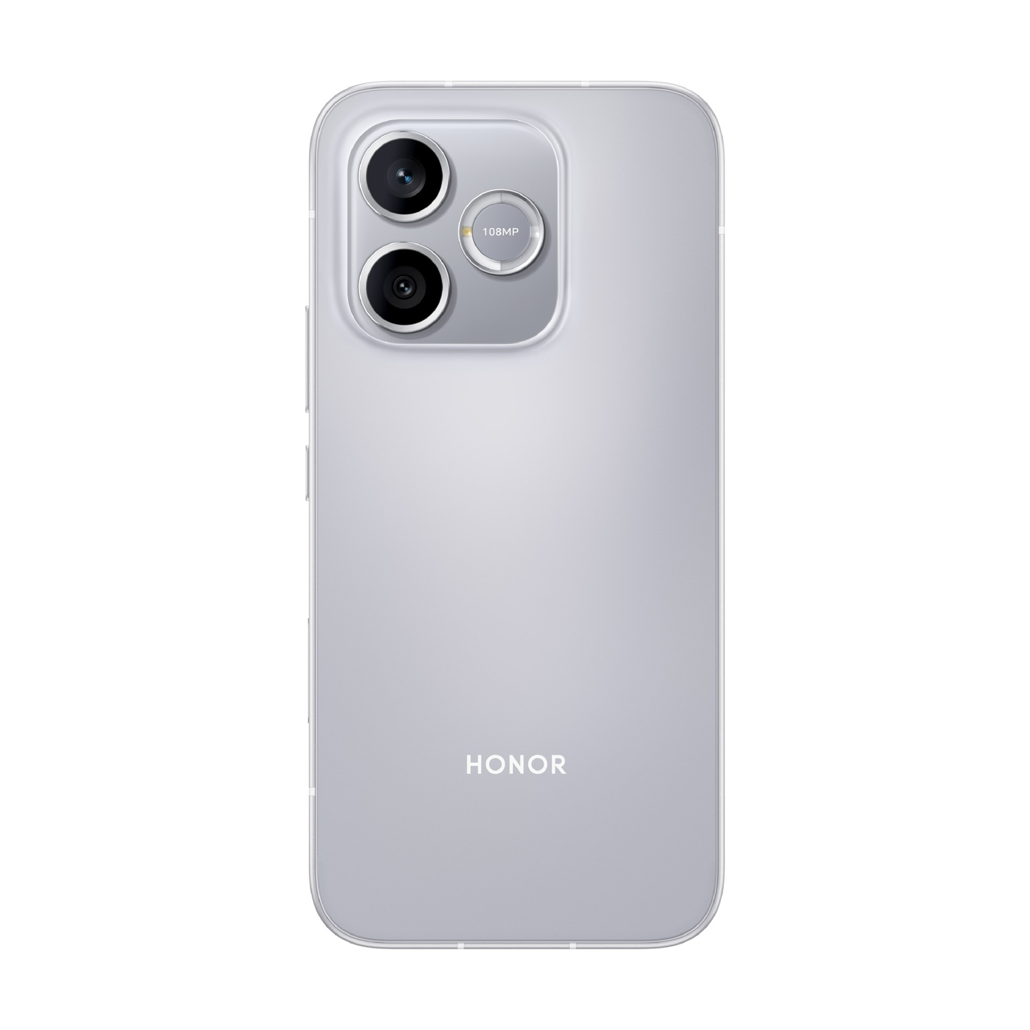 Retro di uno smartphone Honor argentato con due fotocamere e testo 108MP.