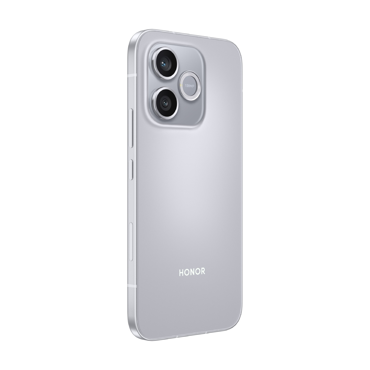 Vista posteriore di uno smartphone Honor argentato con tre fotocamere e 108 MP.