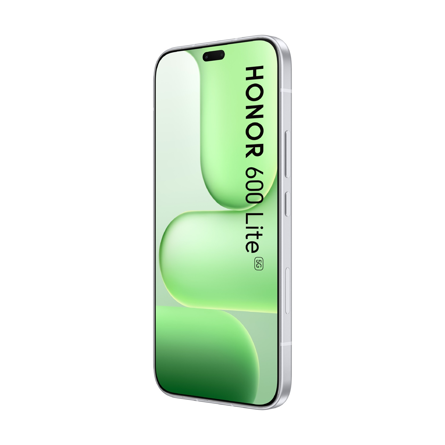 Uno smartphone Honor 60 Lite 5G argentato con sfondo verde.