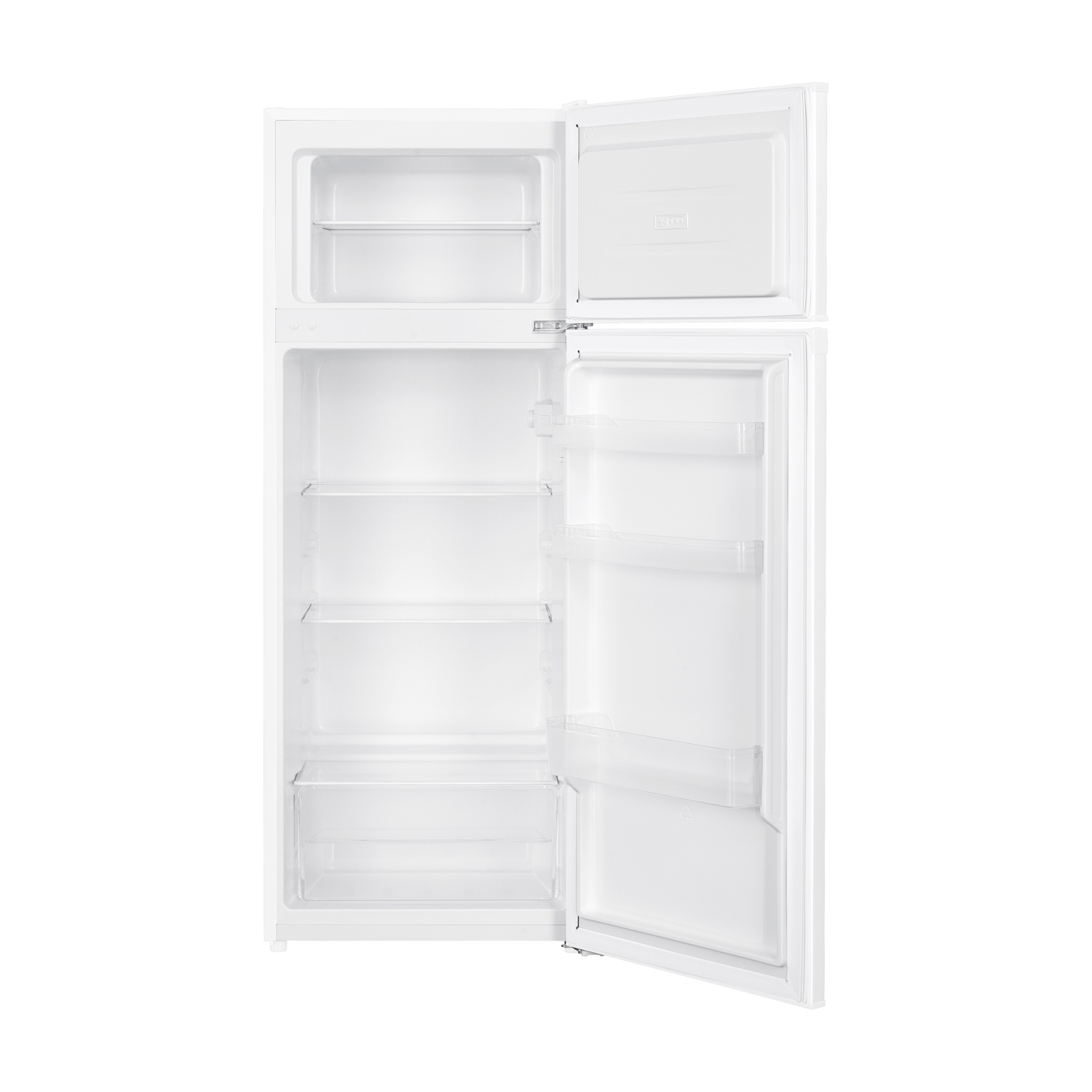 Un frigorifero bianco con porte del congelatore e frigorifero aperte.