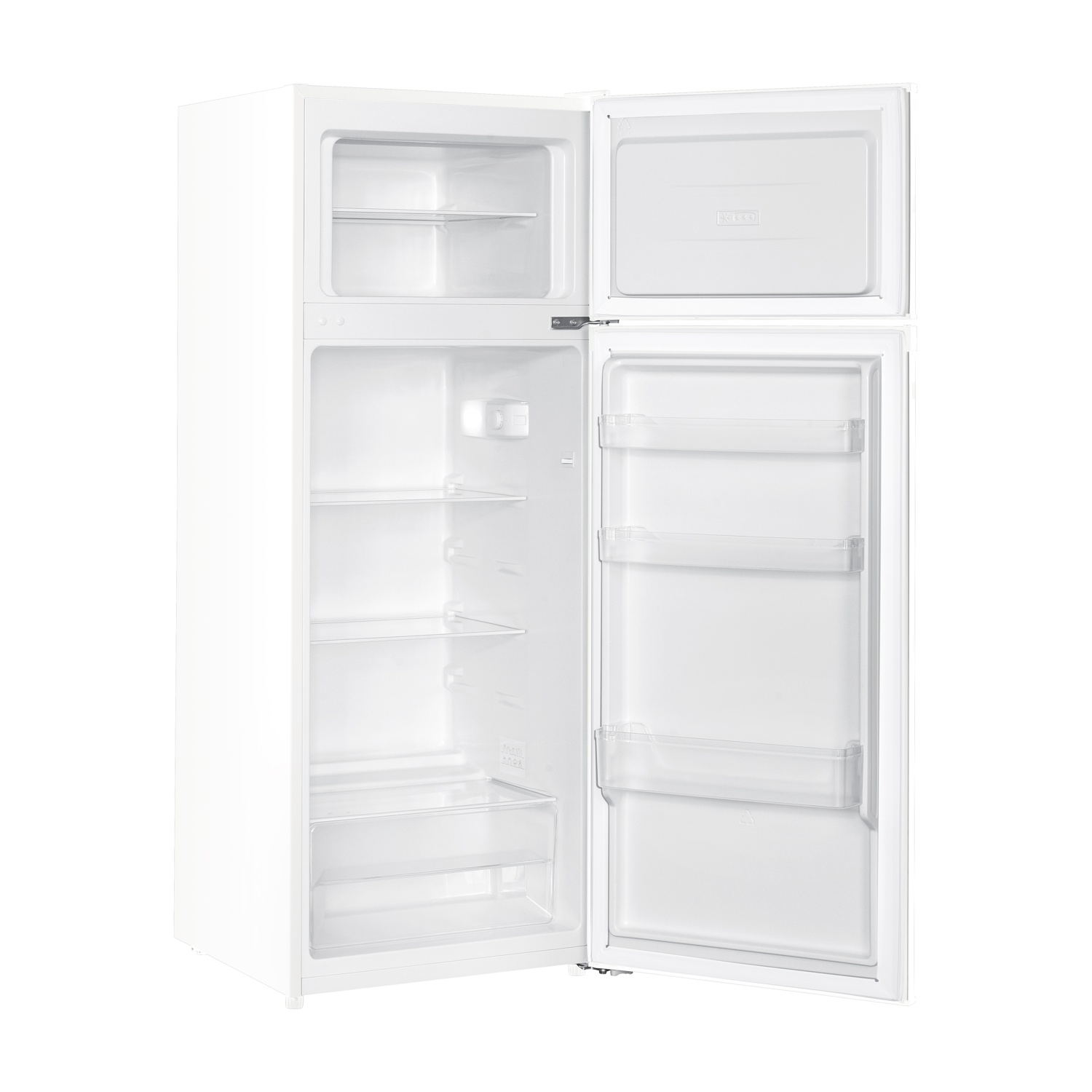 Un frigorifero bianco con la porta aperta, con ripiani e cassetti.