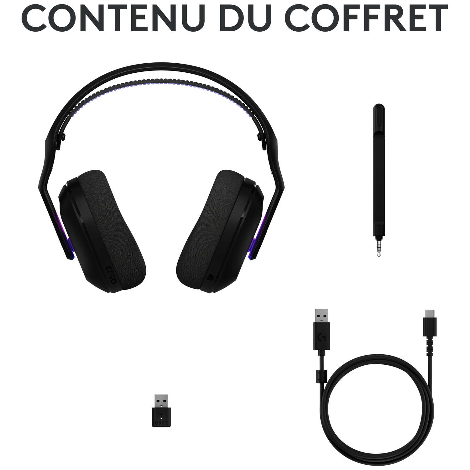 Casque noir avec câbles et dongle USB sur fond blanc.
