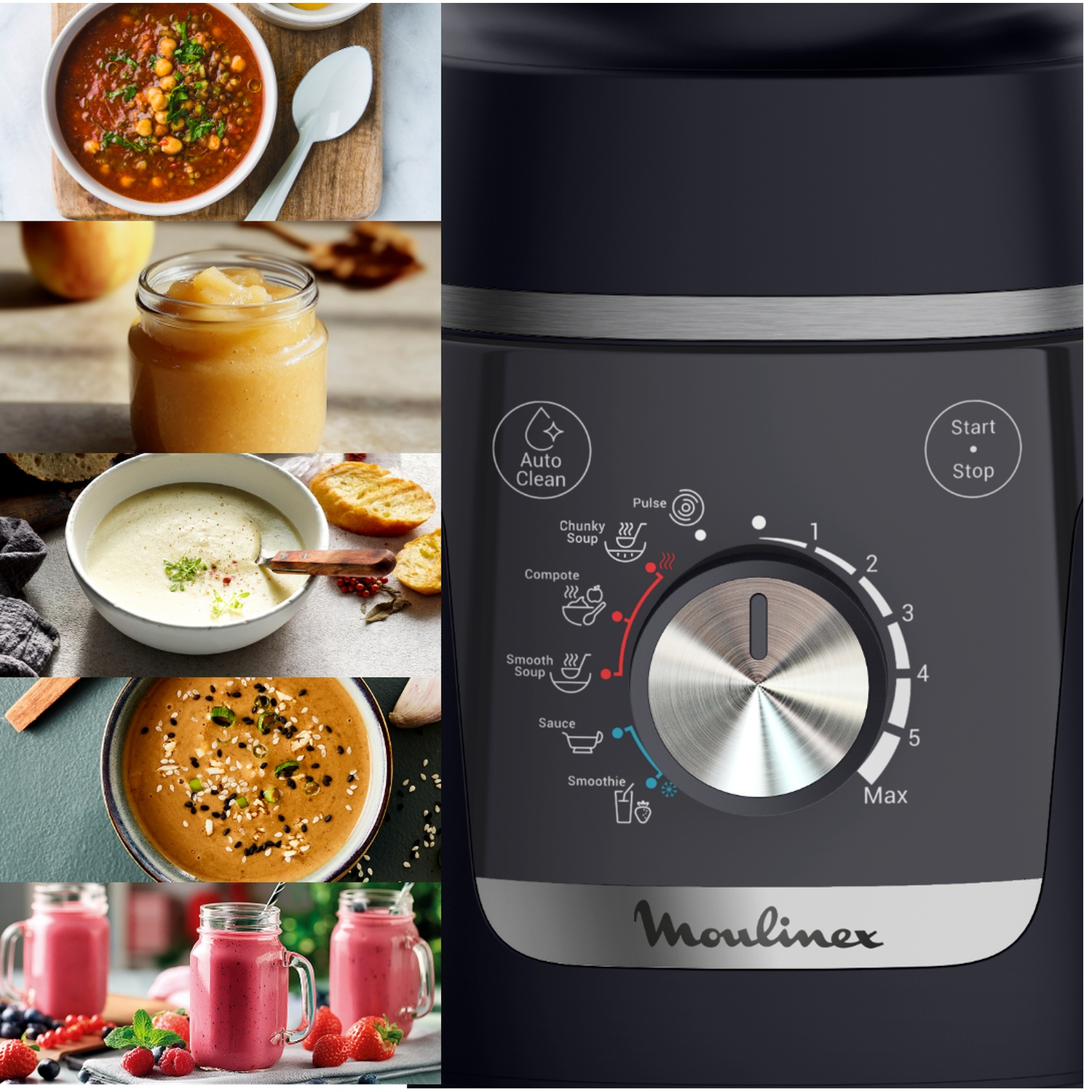 Een zwarte blender met bedieningselementen en diverse etenswaren.