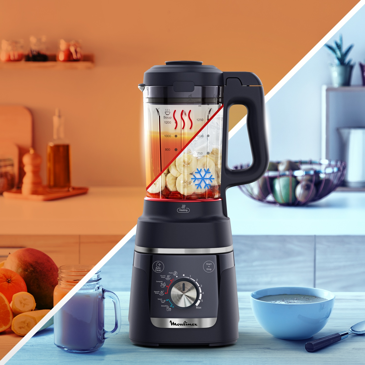 Een blender met fruit en ernaast een kom soep.