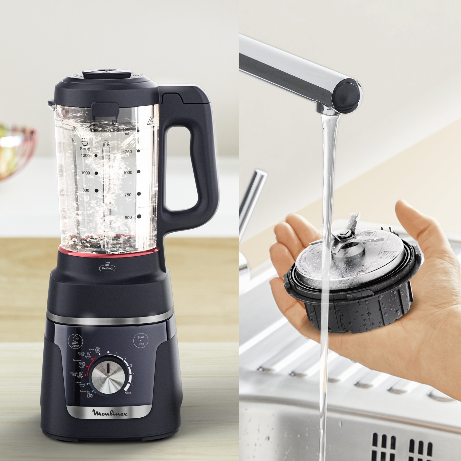 Een zwarte blender gevuld met water en een deel onder stromend water.