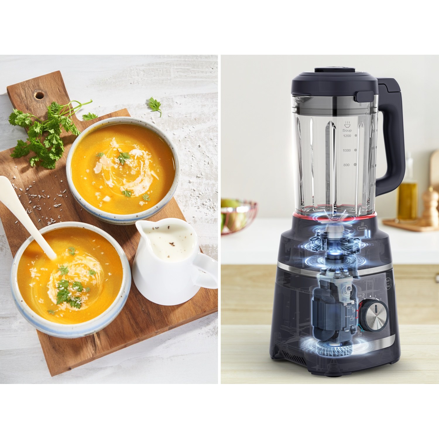 Twee kommen sinaasappelssoep en een blender met doorsnedeweergave.