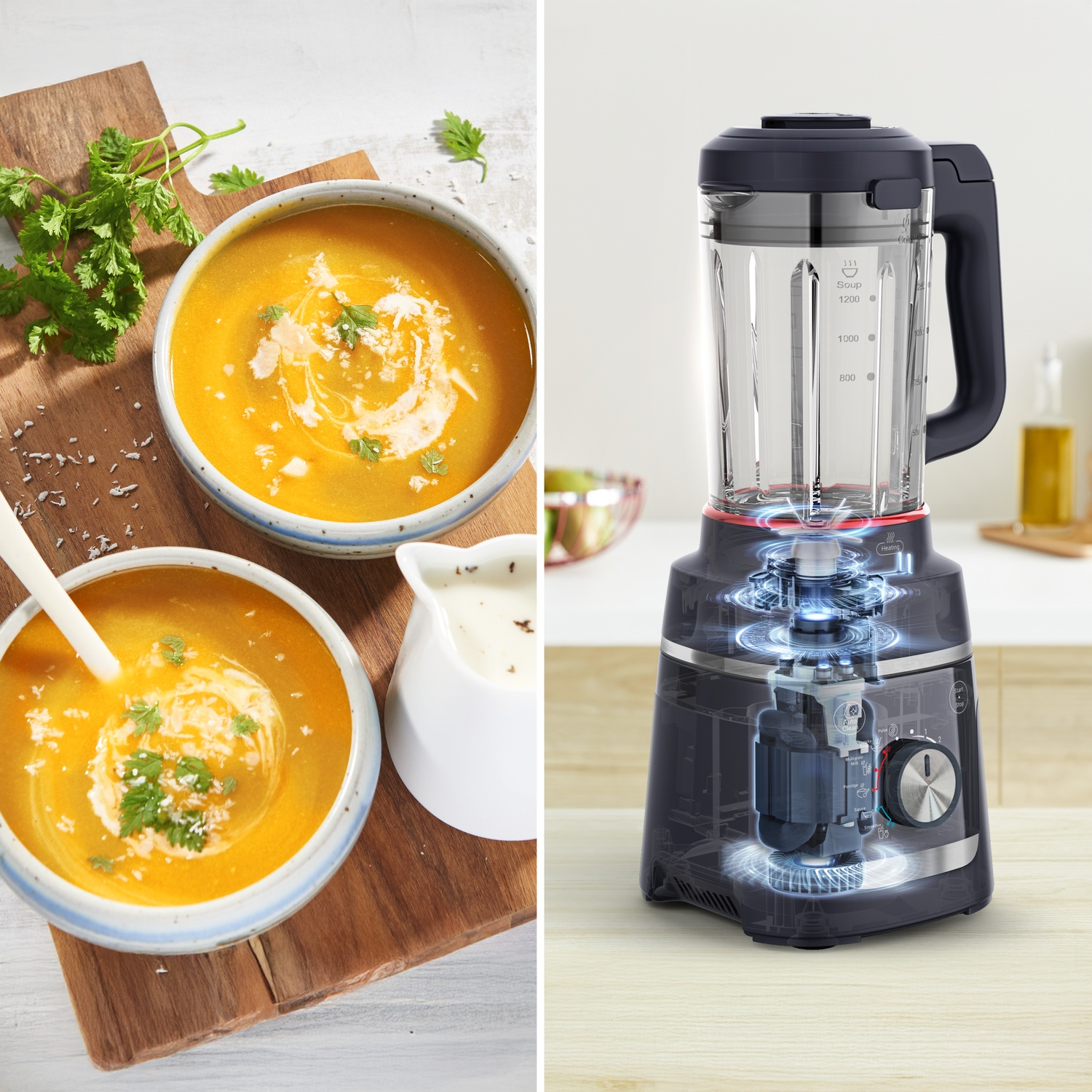 Twee kommen oranje soep naast een blender met een transparante kan.