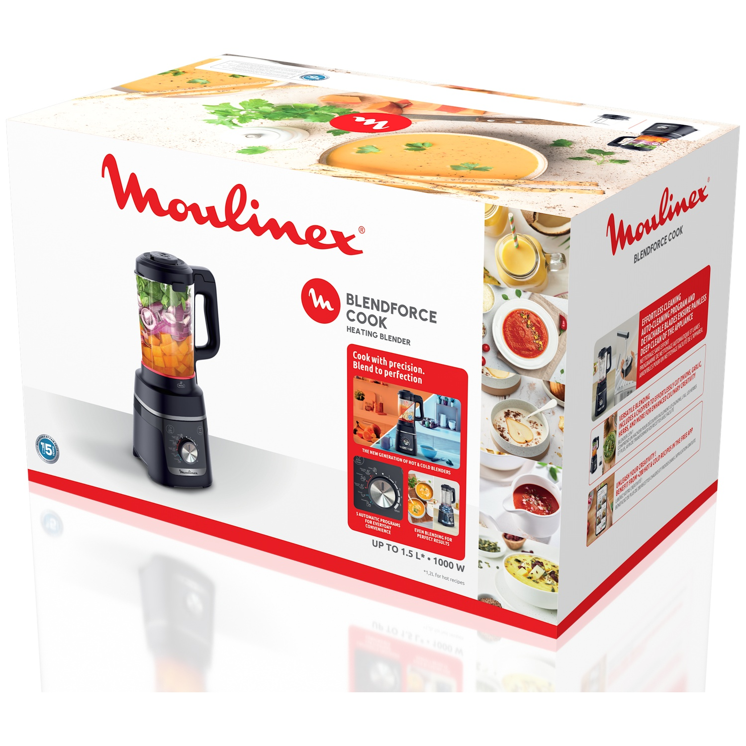 Moulinex Blendforce Cook: Zwarte blender met glazen kan gevuld met groenten.