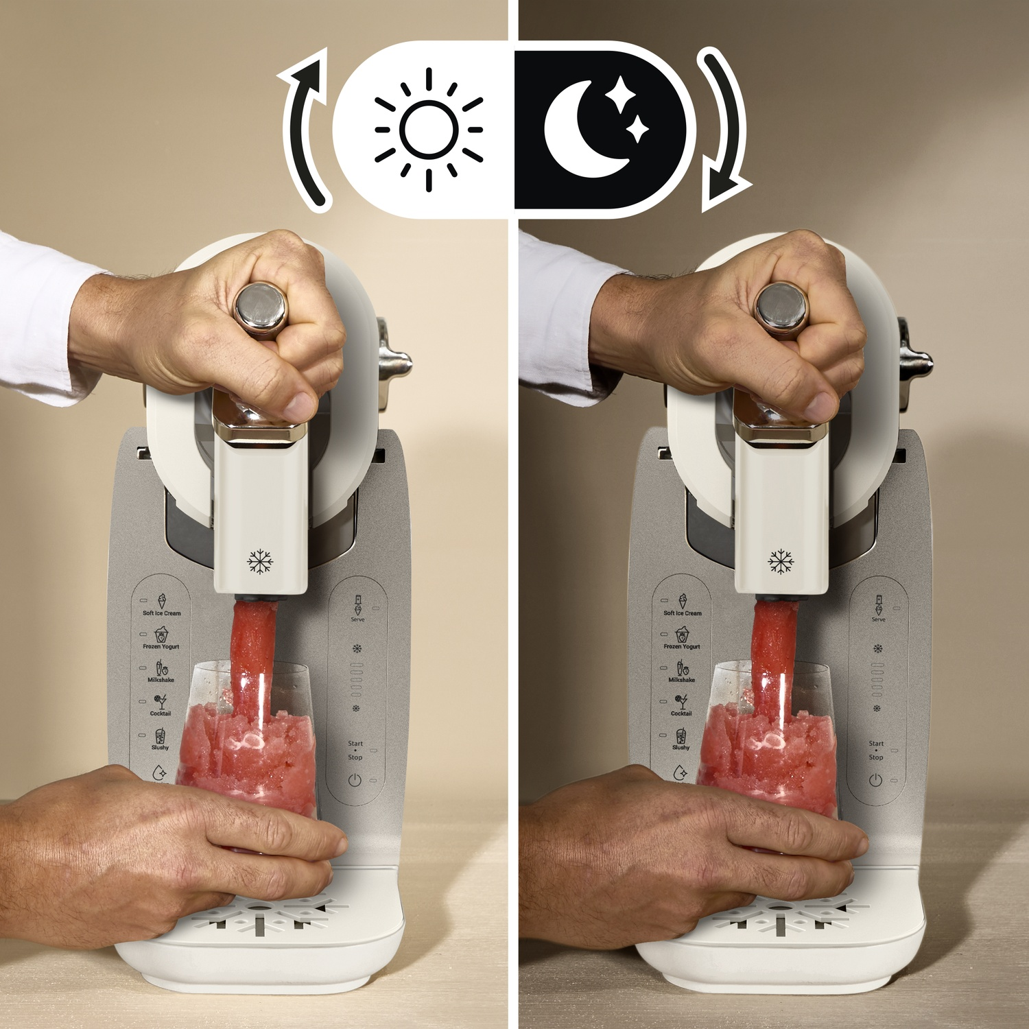 Side-by-side: machine making slushy. Left shows day icon, right shows night icon.