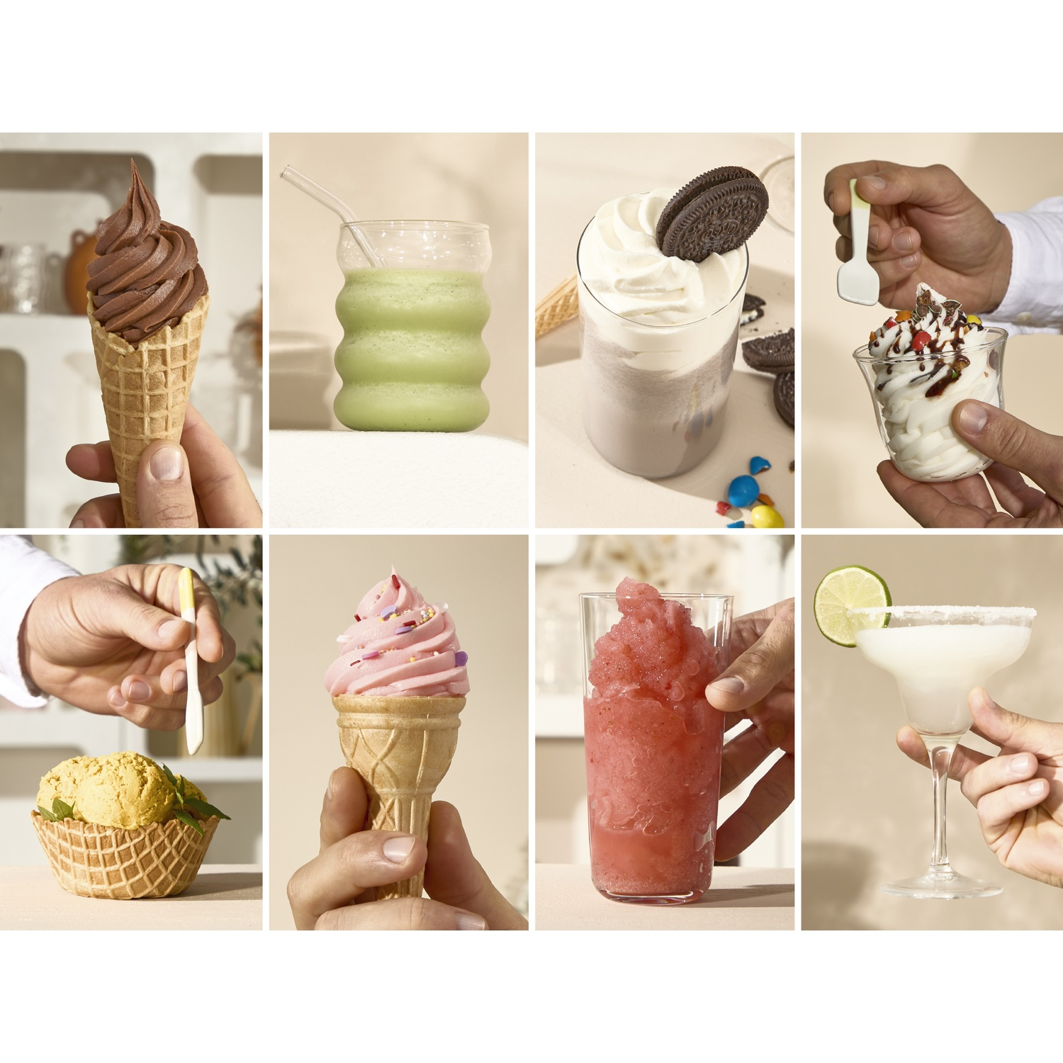A chocolate ice cream cone, green smoothie, cookie ice cream cup, and an ice cream cup.