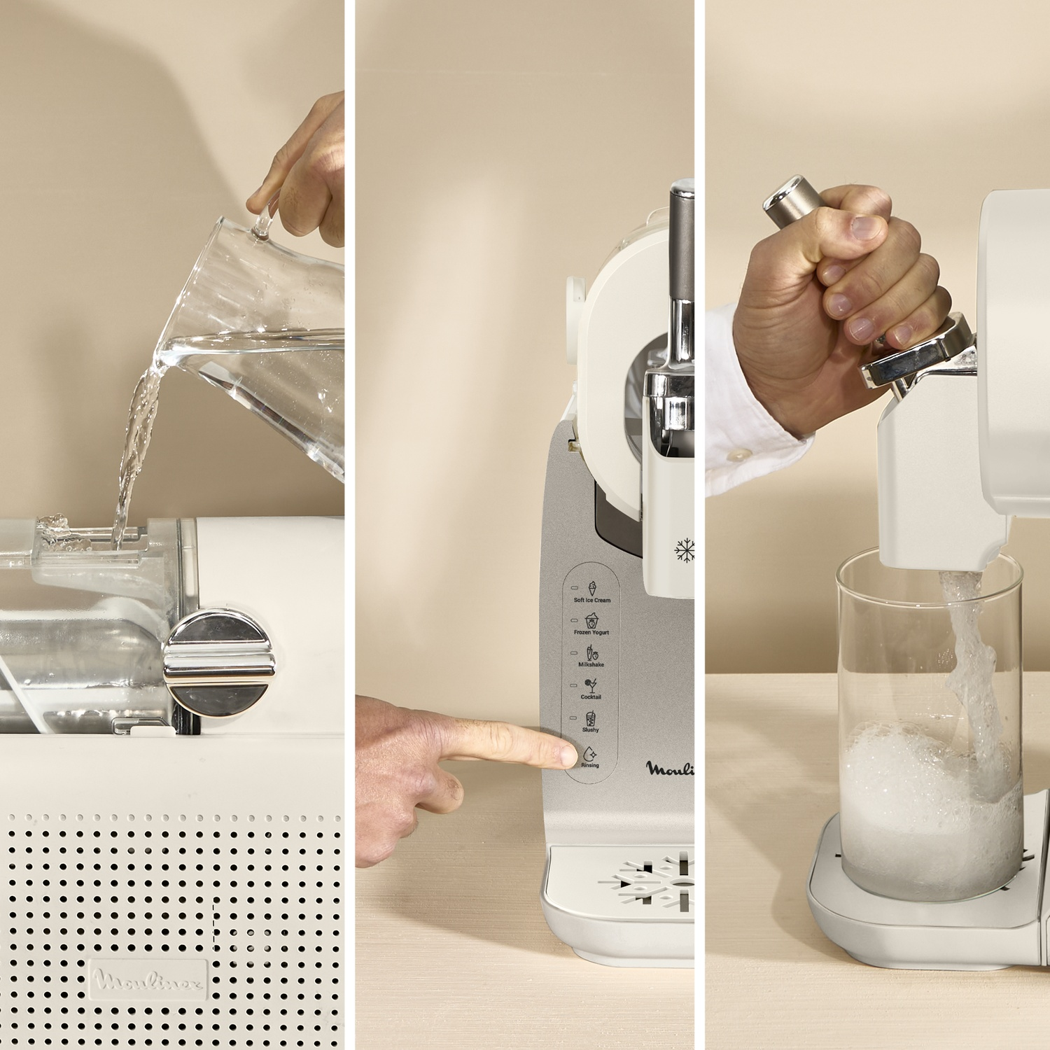 A collage shows ice cream preparation: pouring water, pressing a button, and dispensing ice cream.