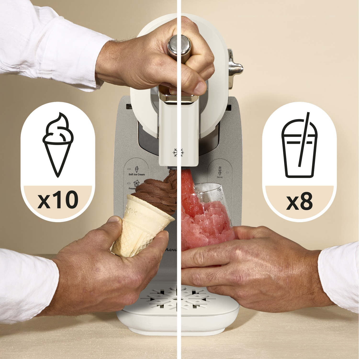 A machine makes ice cream and slush. Hands hold an ice cream cone and glass.