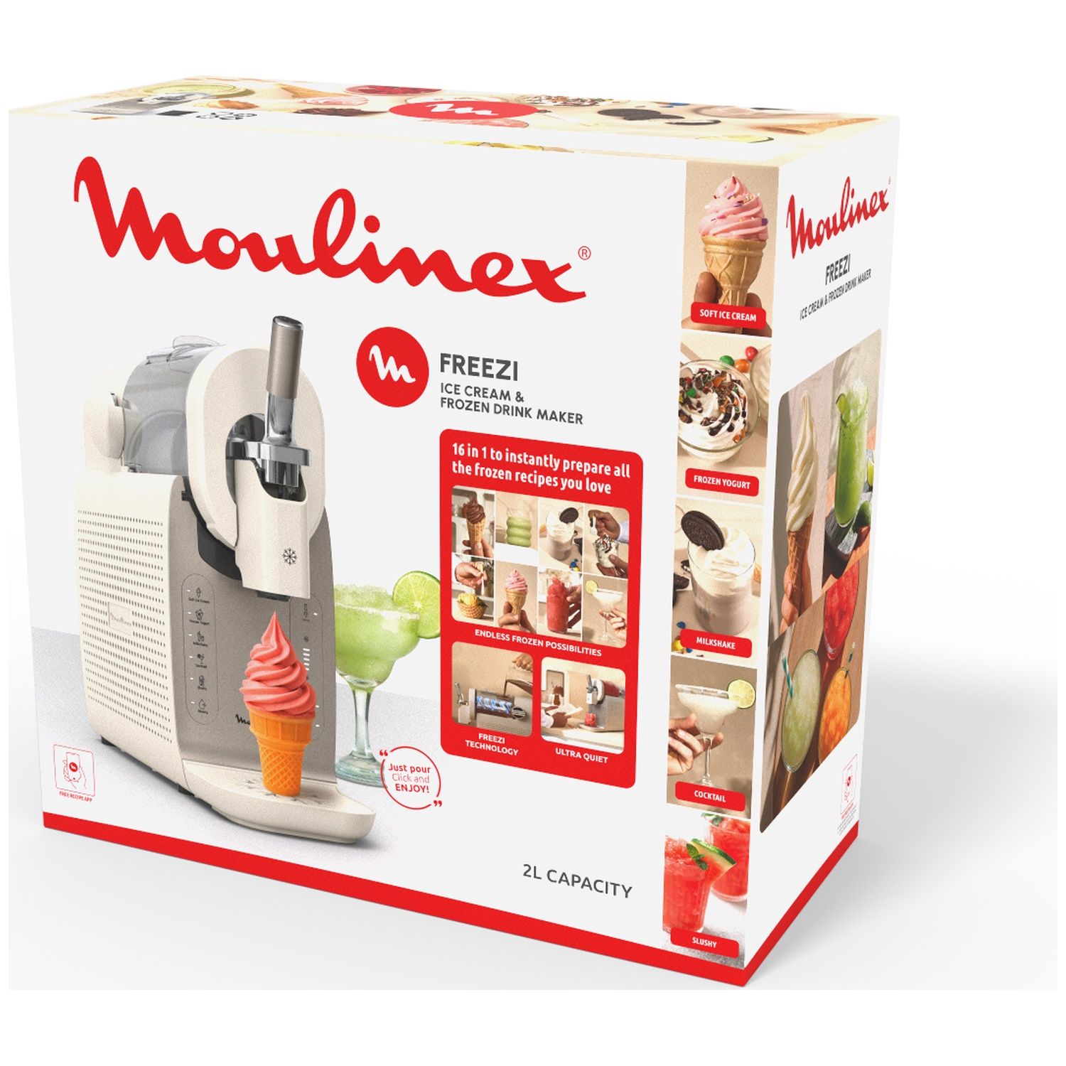 Moulinex ice cream maker: ice cream, yogurt, milkshake, cocktail, slushy. 2L capacity.