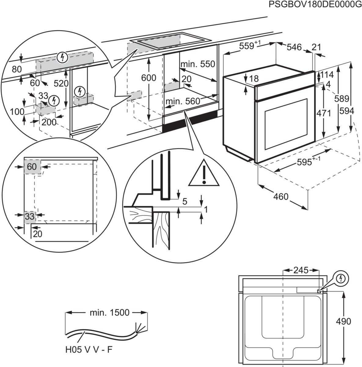 El diagrama muestra dimensiones y detalles de instalación de horno y placa. Incluye medidas.