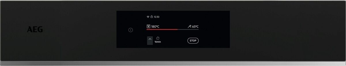 Pantalla de horno AEG muestra 180°C, 65°C, 16 min y botón de parada.
