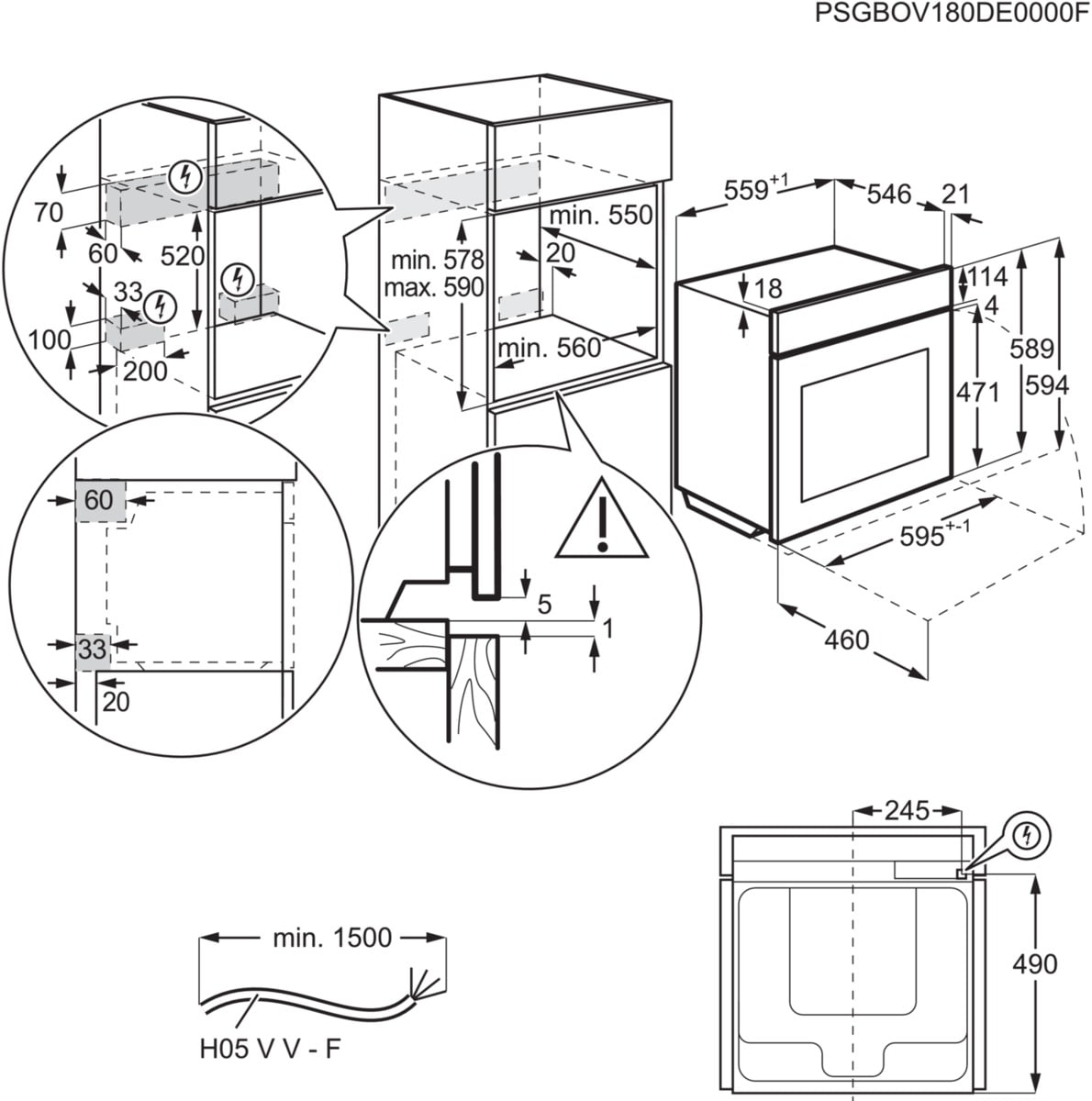 Dibujo técnico de un horno empotrado con dimensiones y directrices de instalación.