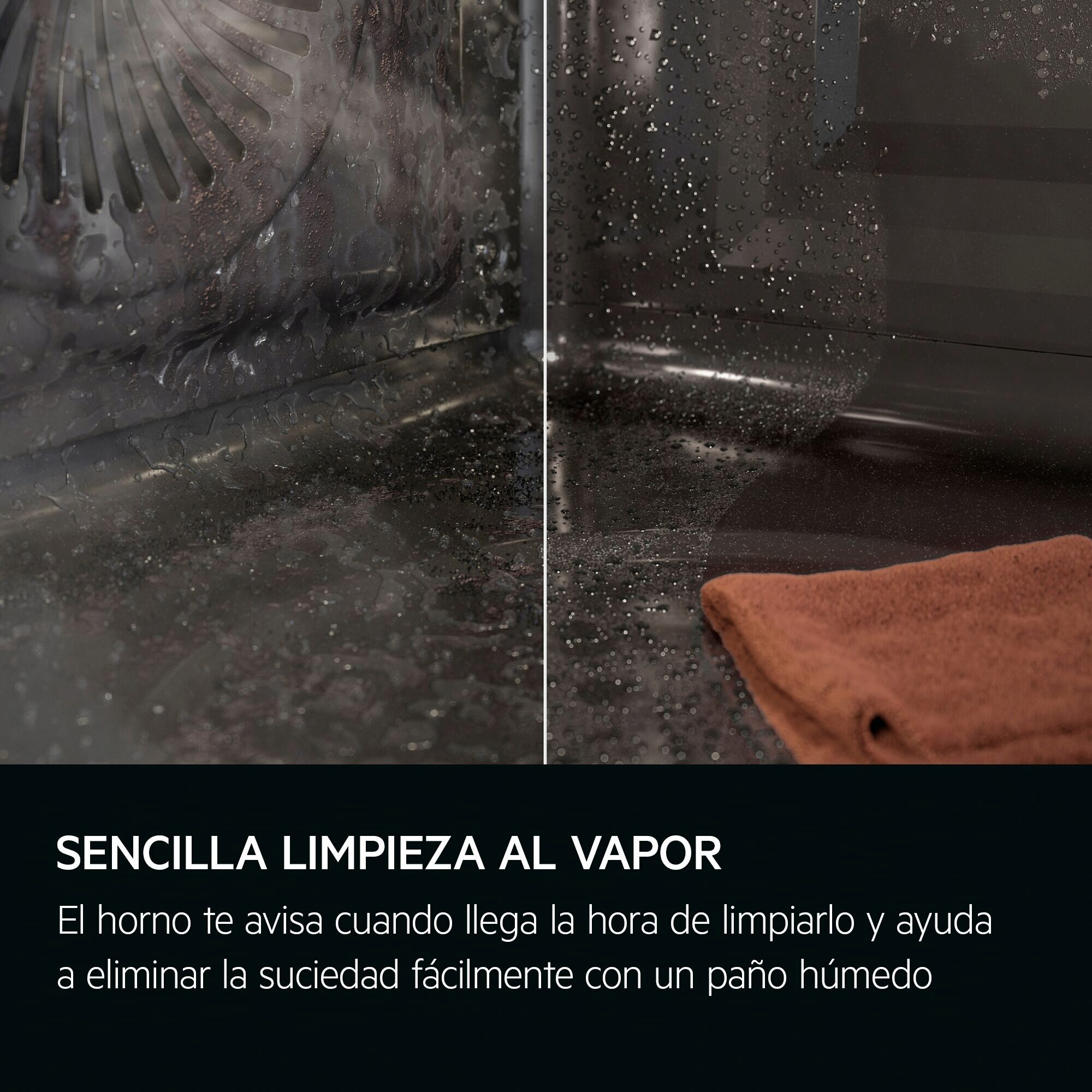 SENCILLA LIMPIEZA AL VAPOR
El horno te avisa cuando llega la hora de limpiarlo y ayuda a eliminar la suciedad fácilmente con un paño húmedo.