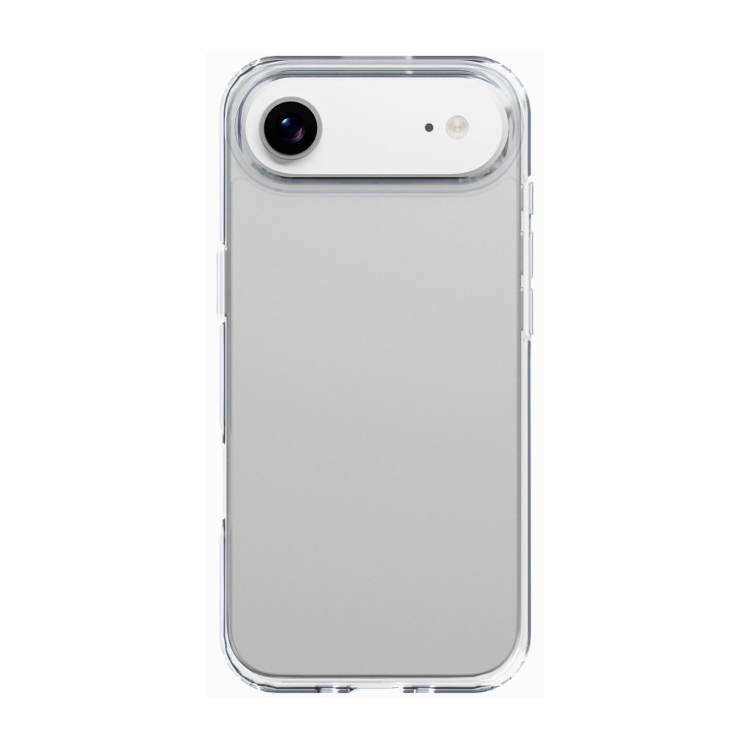 Una cover trasparente per telefono con fotocamere e flash su sfondo bianco.