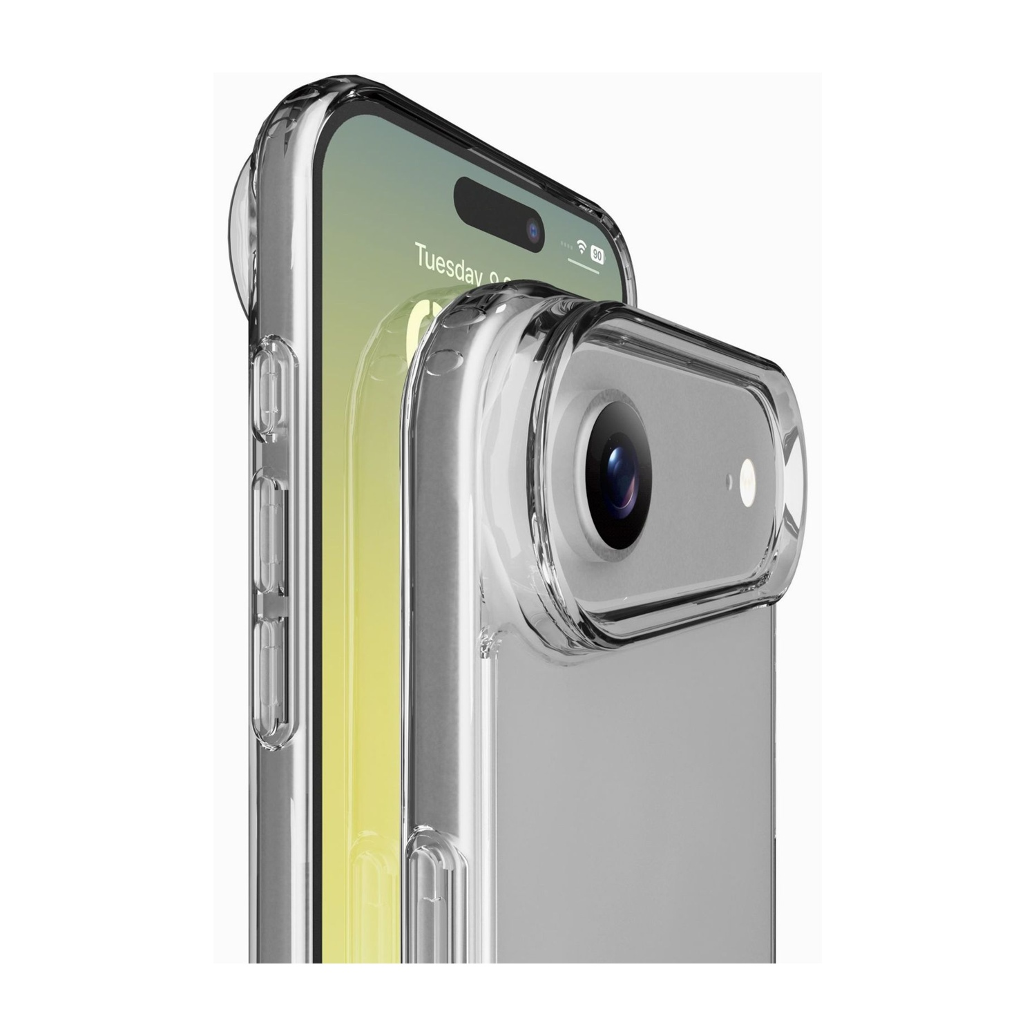 Una custodia trasparente protegge uno smartphone con schermo giallo.