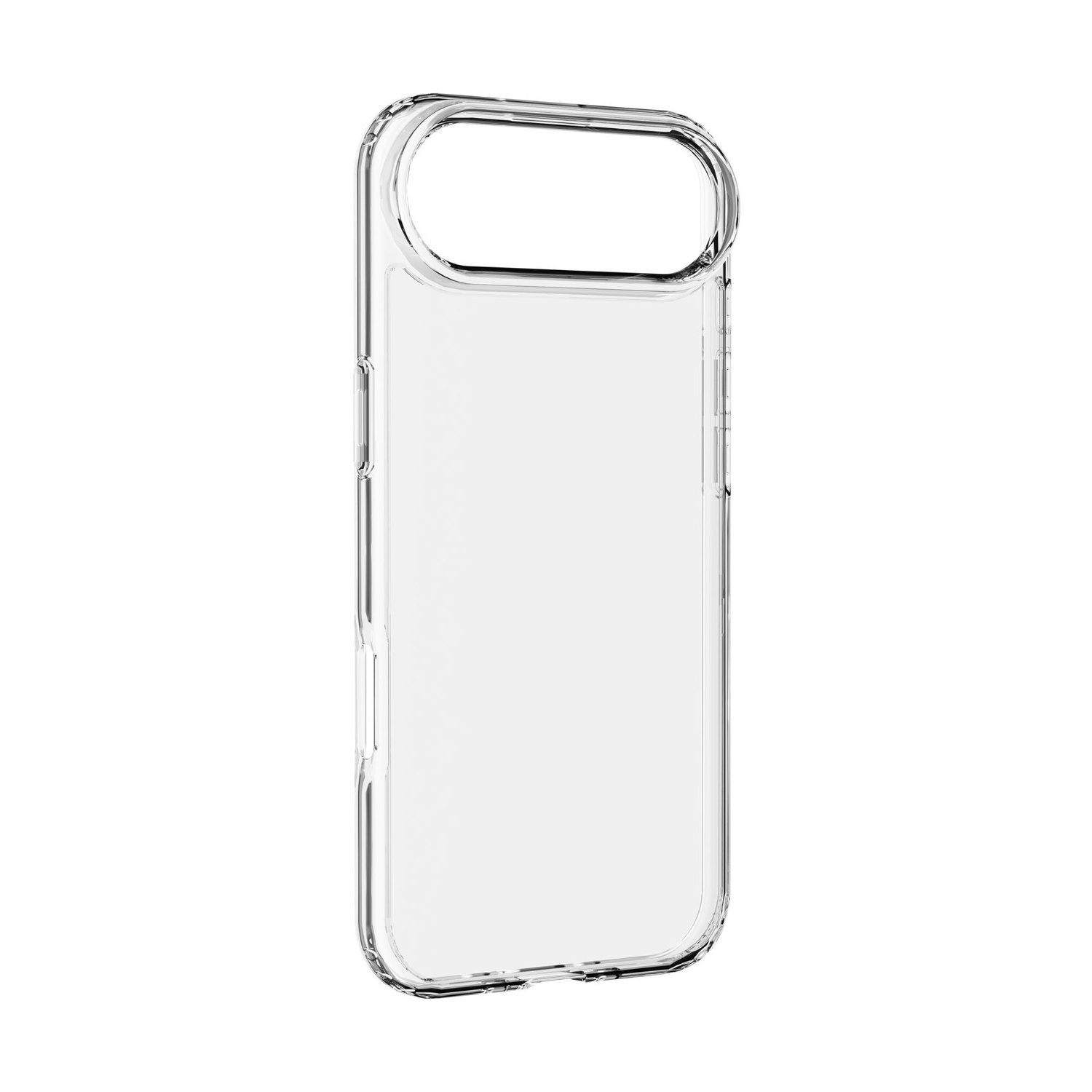 Custodia trasparente per telefono con ritagli per fotocamera e pulsanti.