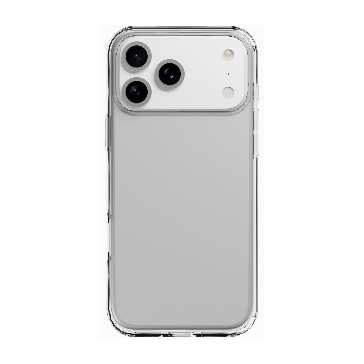 Retro di una custodia trasparente per smartphone con tre obiettivi e flash.