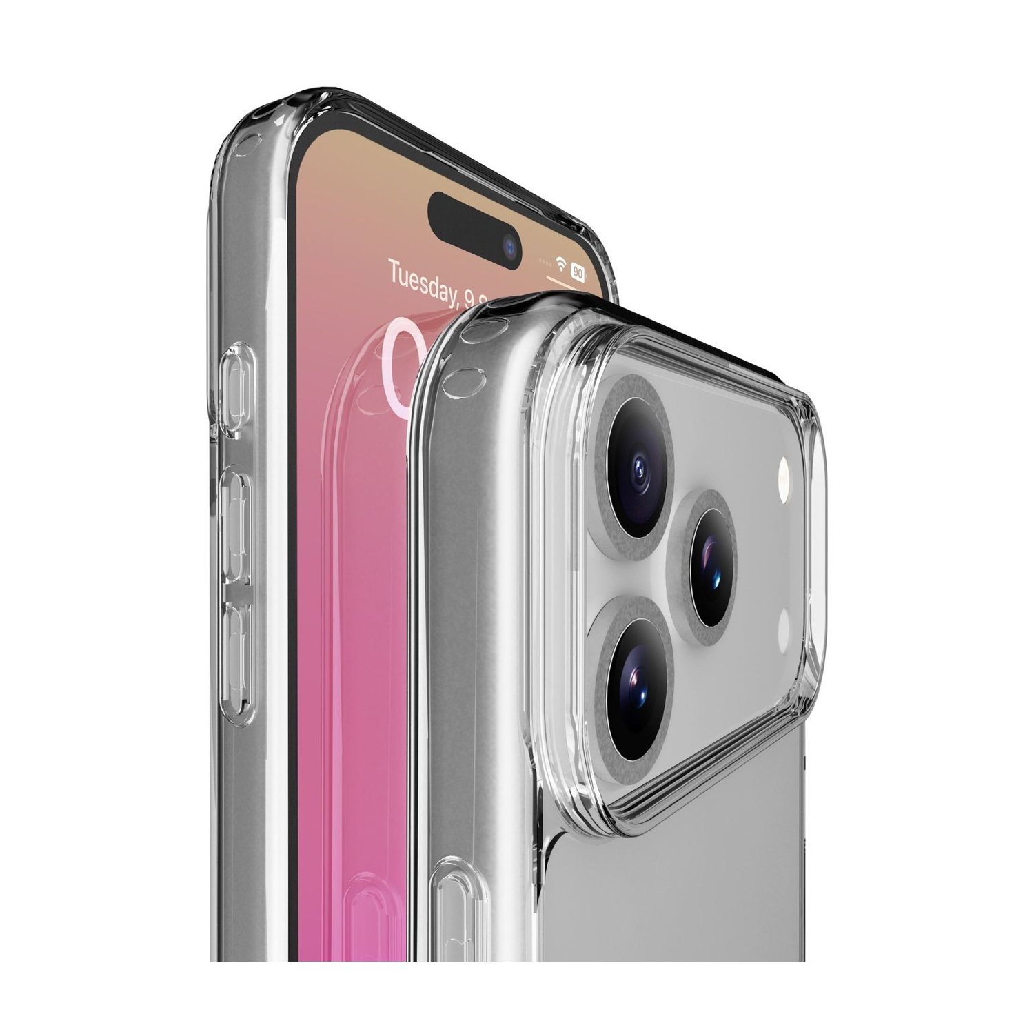 Custodia trasparente su uno smartphone con tre fotocamere e schermo rosa.