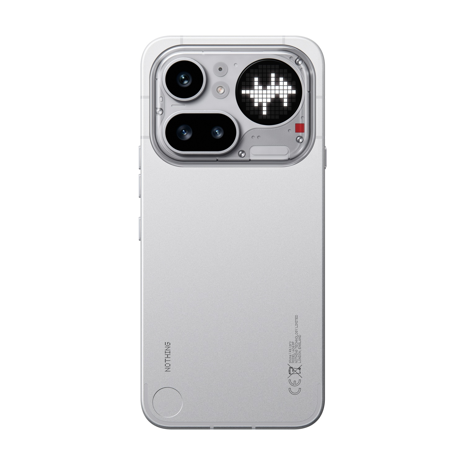 Retro di uno smartphone argentato con due fotocamere e un motivo luminoso.