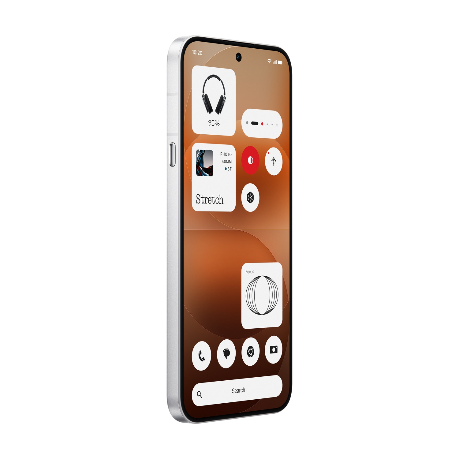 Uno smartphone con widget per cuffie, foto e focus sullo schermo.