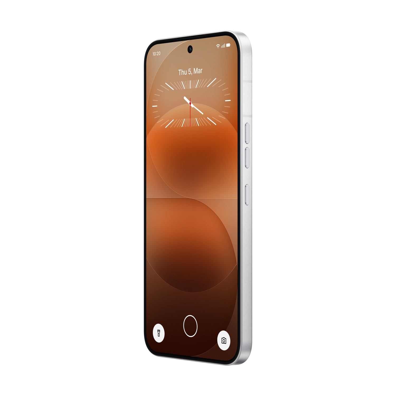 Uno smartphone argentato con sfondo arancione sulla schermata di blocco.