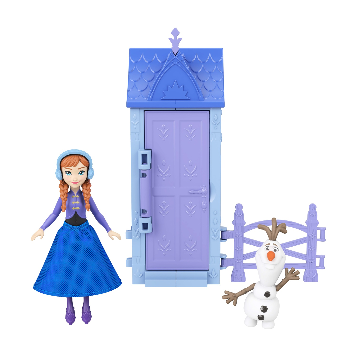Bambola Anna, statuetta Olaf, porta viola e recinto su sfondo bianco.