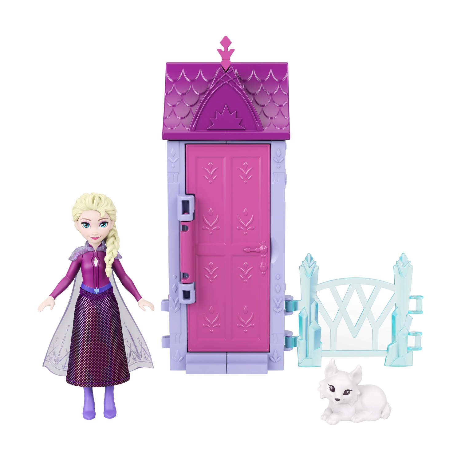 Bambola Elsa con porta viola, cancello e volpe bianca su sfondo bianco.
