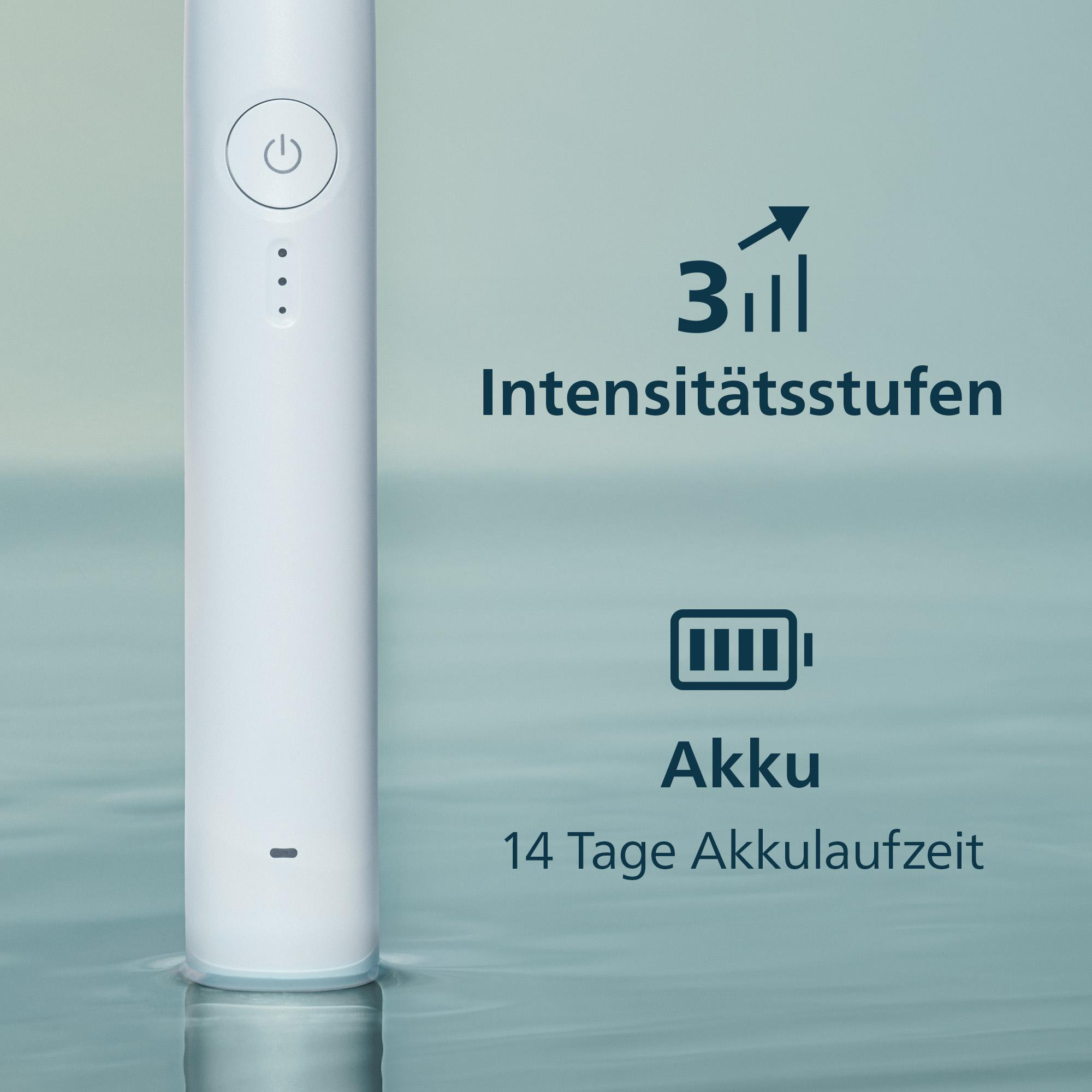 Weiße Zahnbürste mit Power-Button, 3 Intensitätsstufen und 14 Tage Akkulaufzeit.
