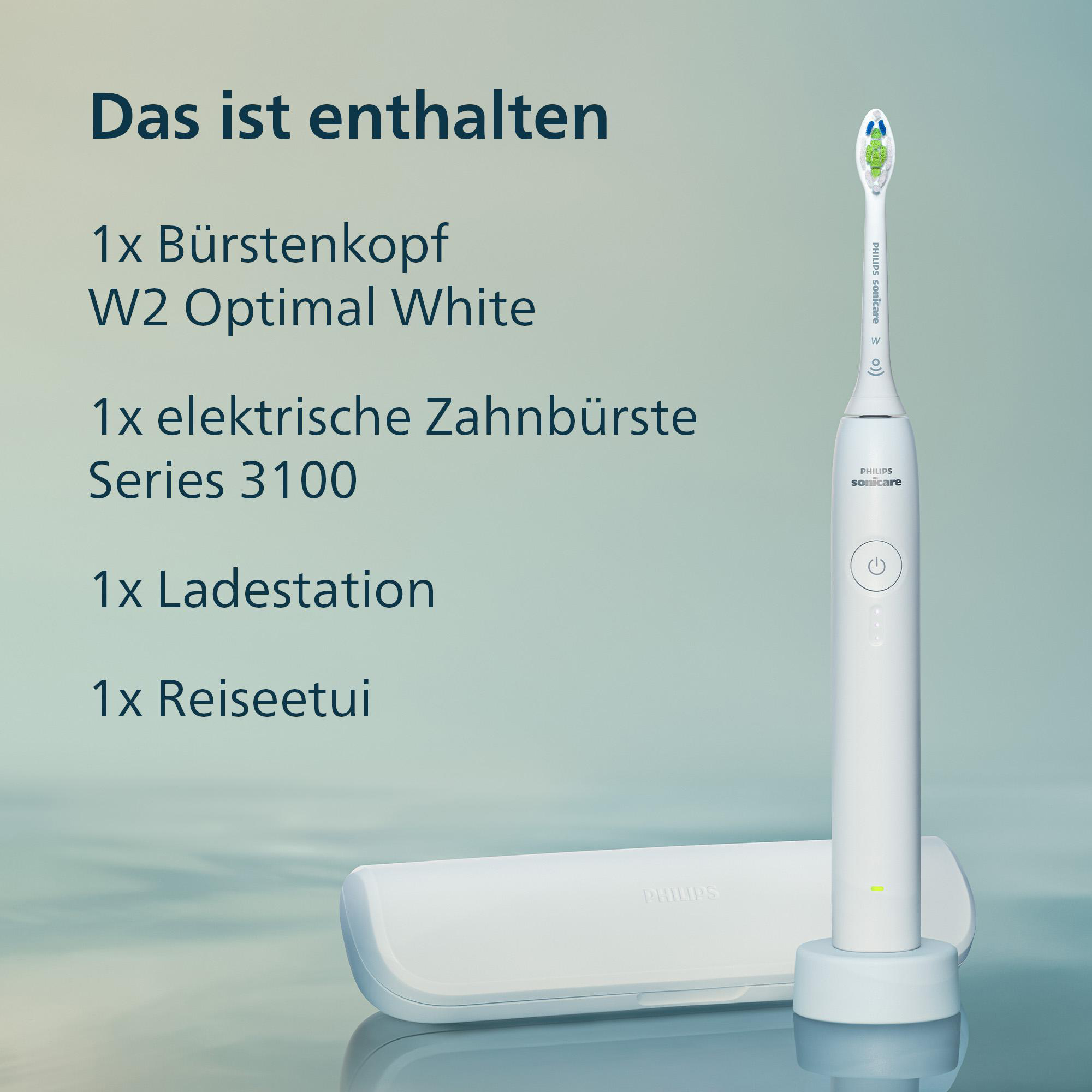 Weiße elektrische Zahnbürste mit Bürstenkopf, Ladestation und Reiseetui.