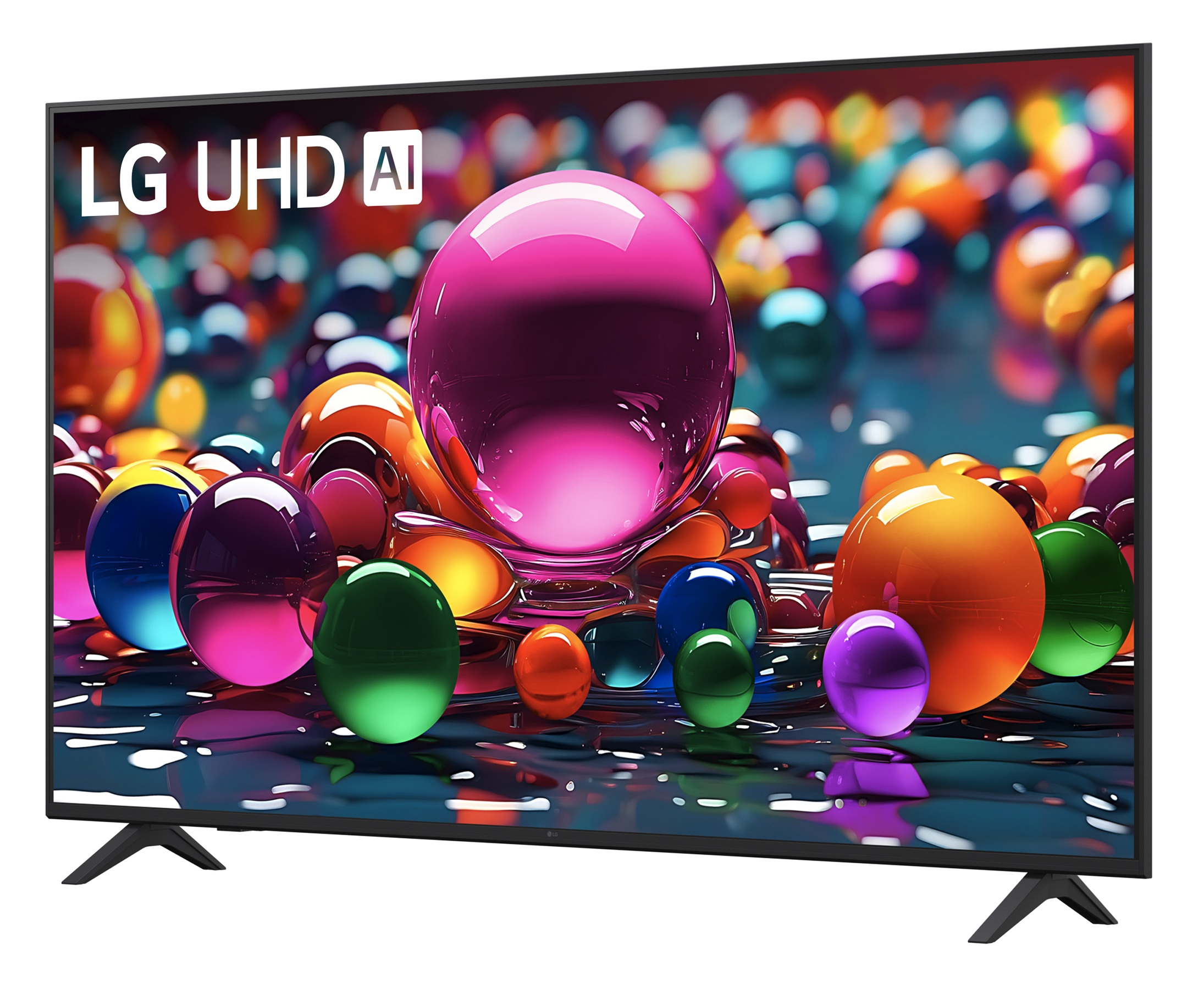 Telewizor LG UHD AI z kolorowymi kulami i abstrakcyjnymi kształtami.