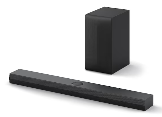 Czarny, prostokątny subwoofer i soundbar na białym tle.