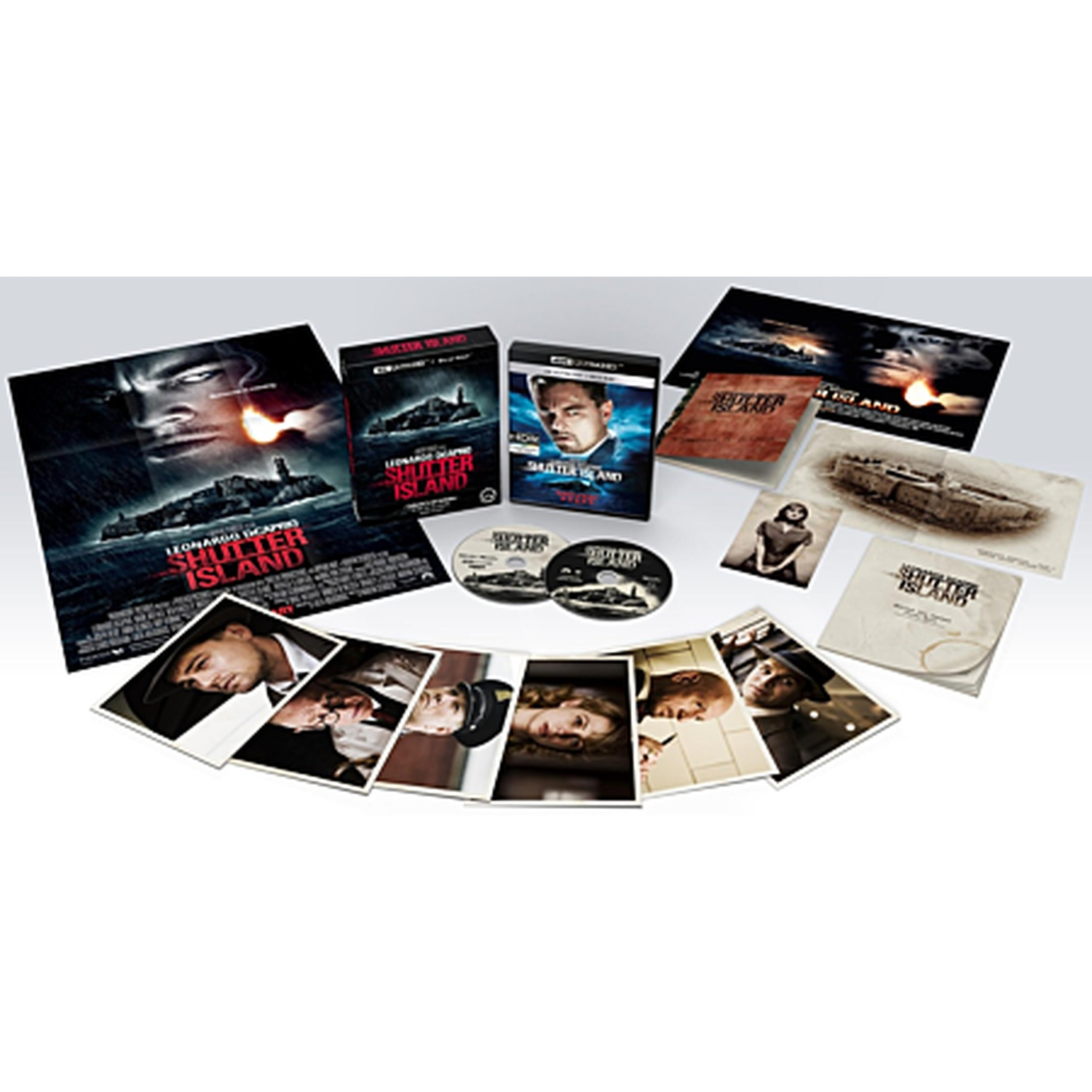 Shutter Island Blu-ray box with posters, photos, and discs.