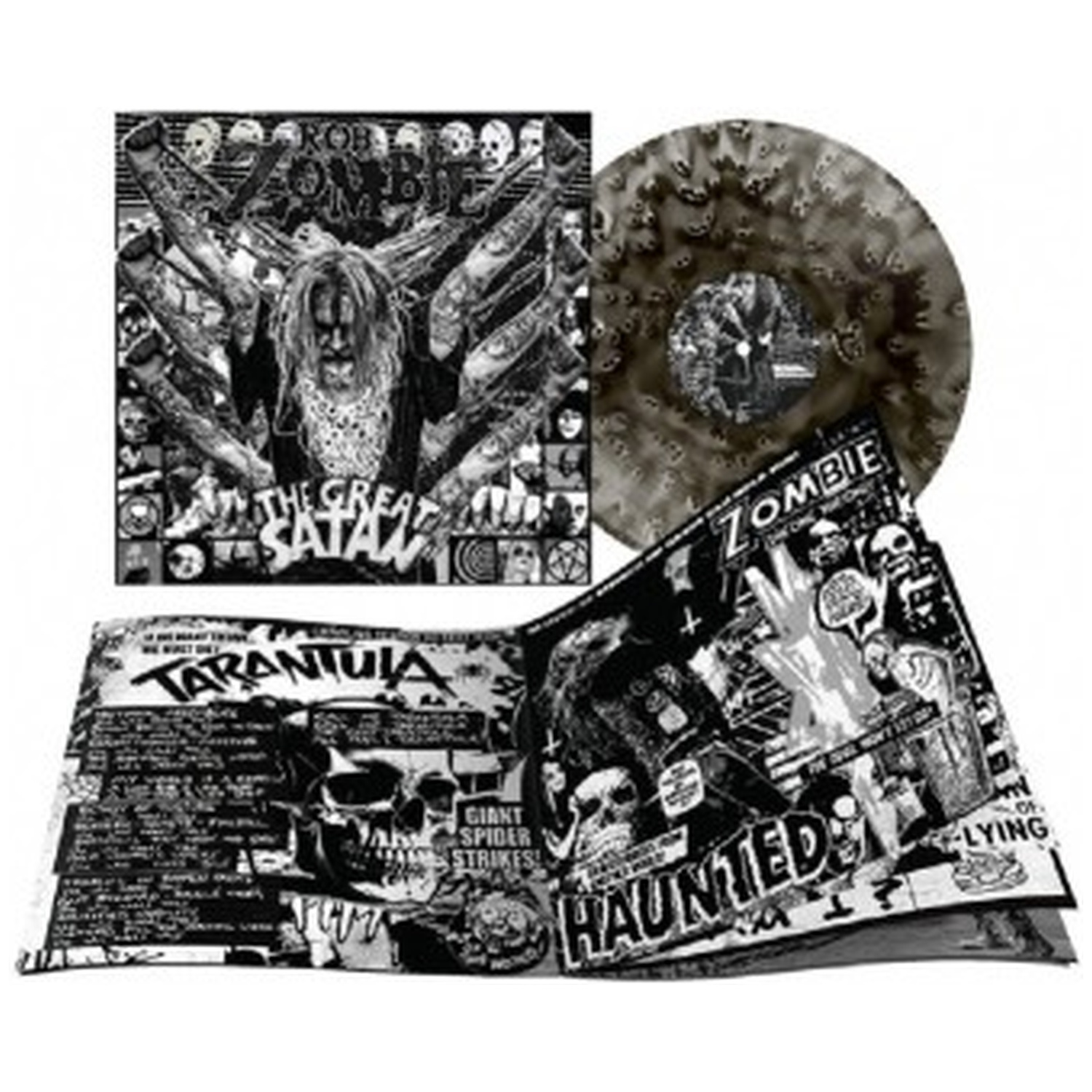 Rob Zombie albumcover art met een plaat en open boekje. Schedels en chaotische beelden.