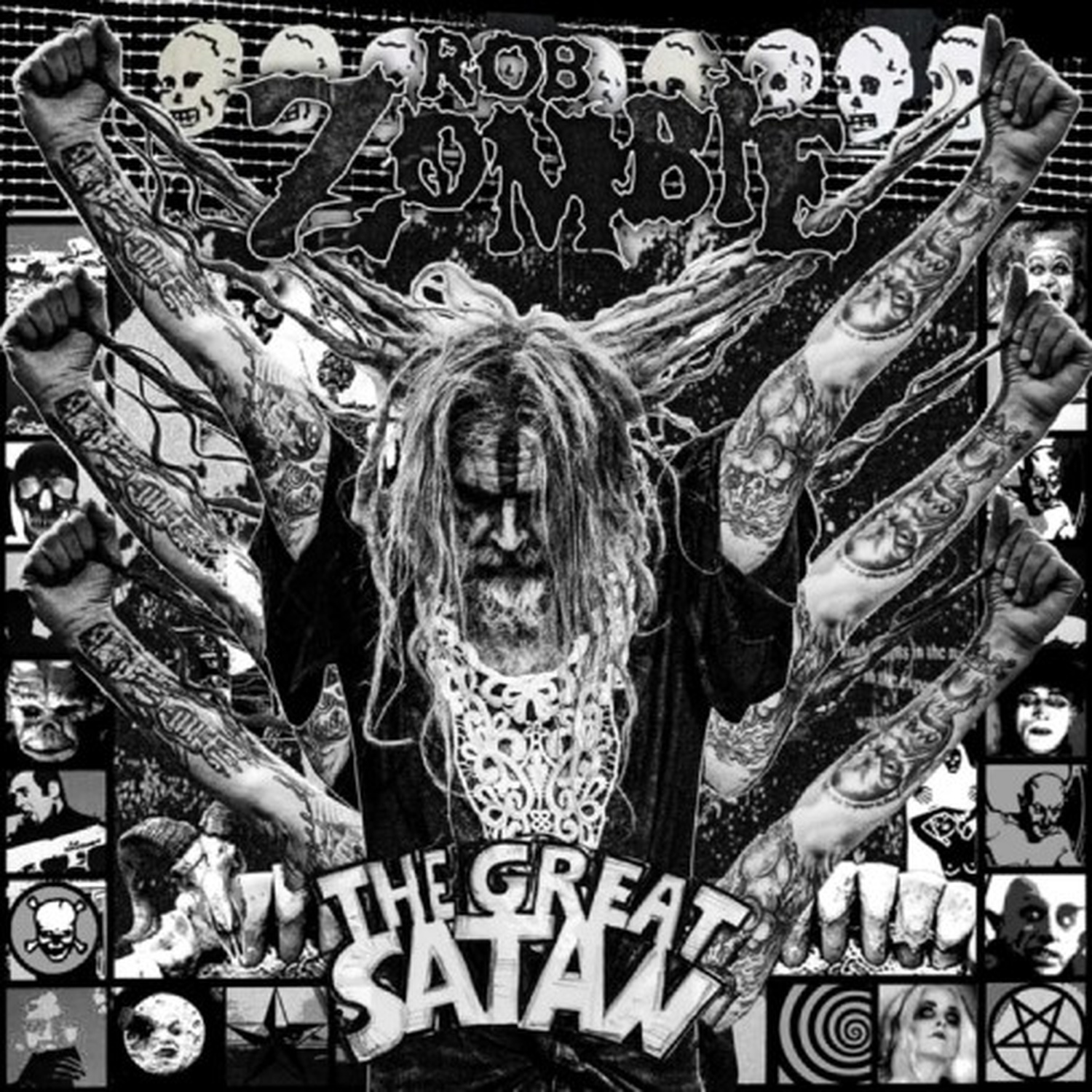 Rob Zombie met vele armen, schedels en de titel "The Great Satan".