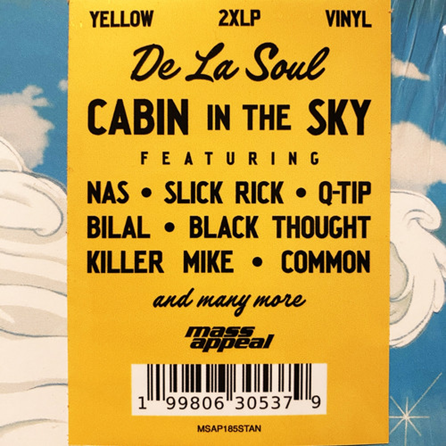 Étiquette jaune de l'album 'Cabin in the Sky' de De La Soul, listant les artistes.