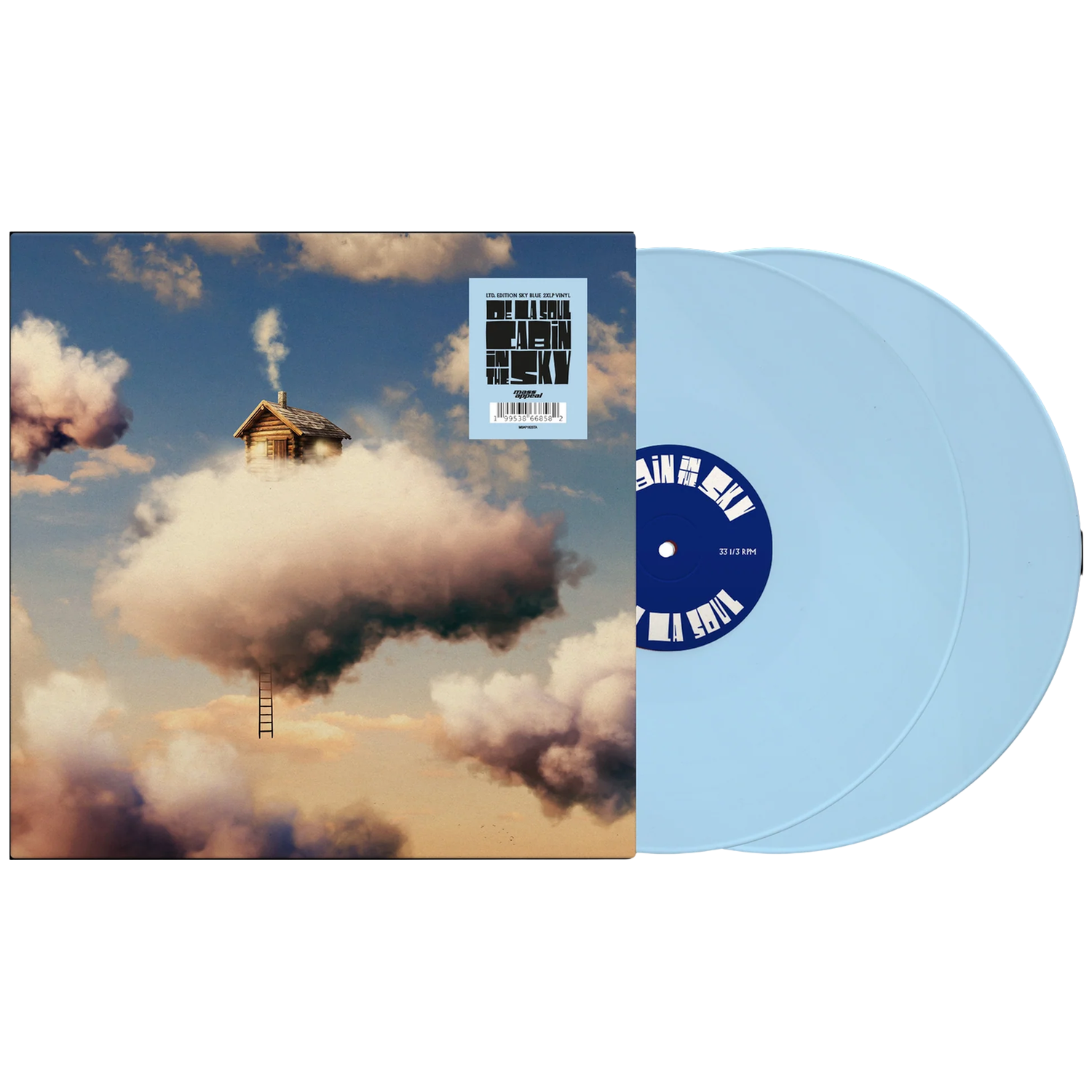 Maison en bois sur un nuage avec une échelle, à côté de disques vinyles bleu clair.