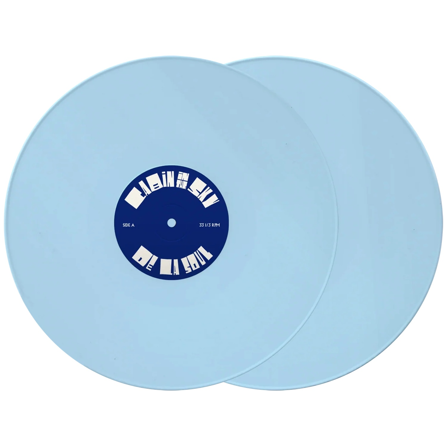 Deux disques vinyles bleu clair sont côte à côte. L'un a une étiquette bleue.