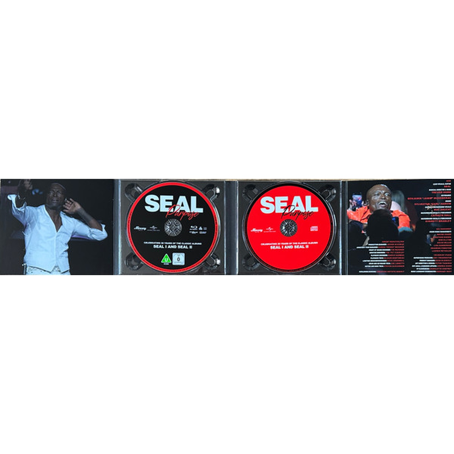 Man in white shirt on left; two open CDs with red motif and 'SEAL' text in middle.