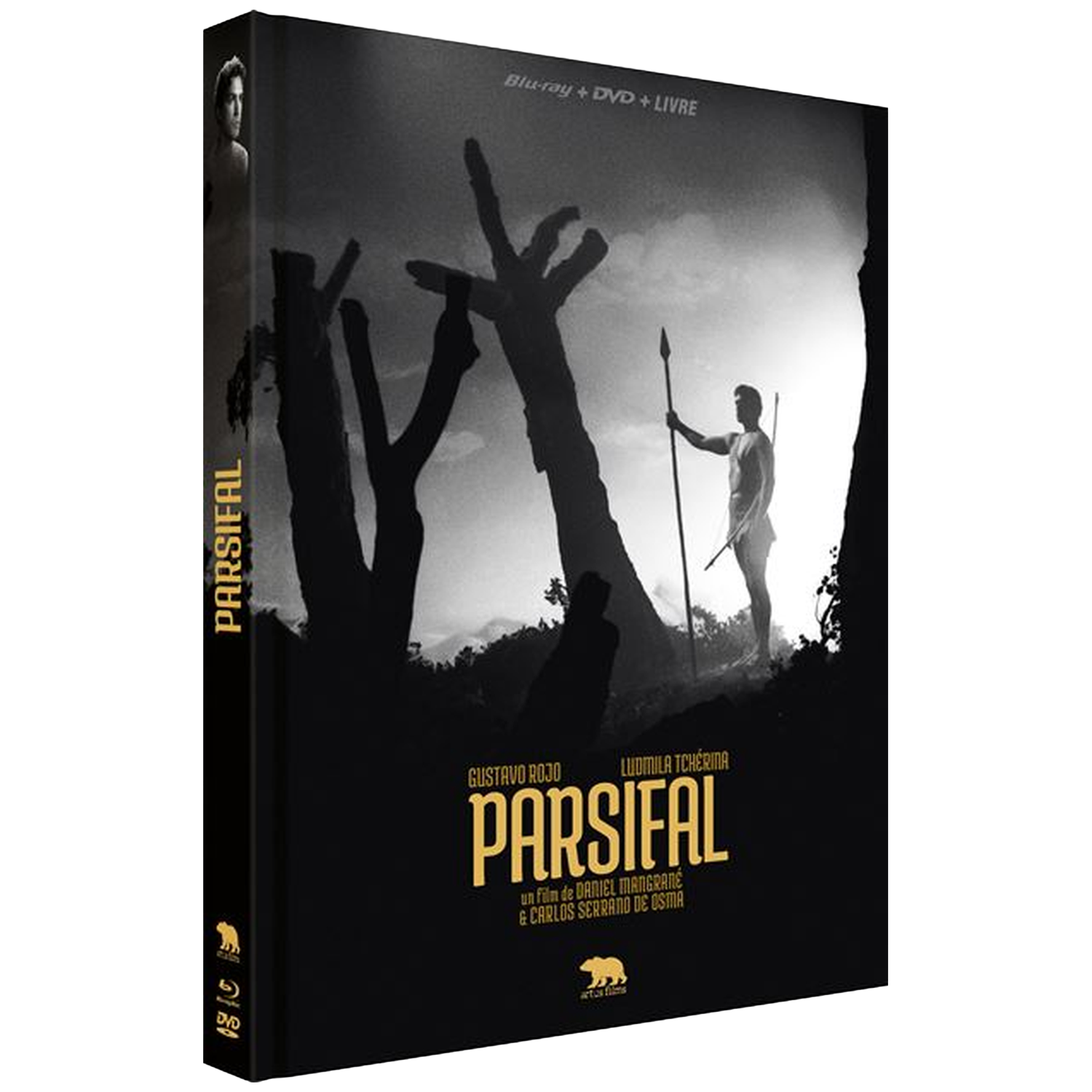 Un homme avec une lance devant des arbres en silhouette. Pochette Blu-ray/DVD.