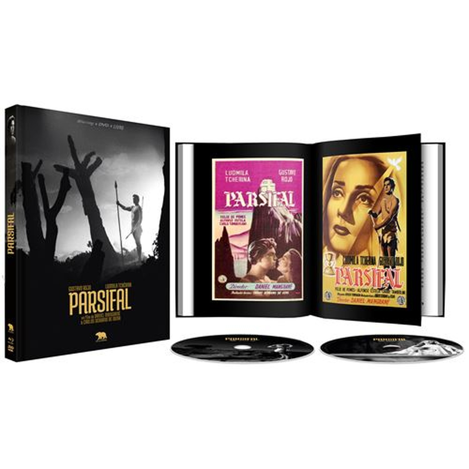 Un livre d'affiches de films et de DVD pour Parsifal, avec images de scène et portraits.